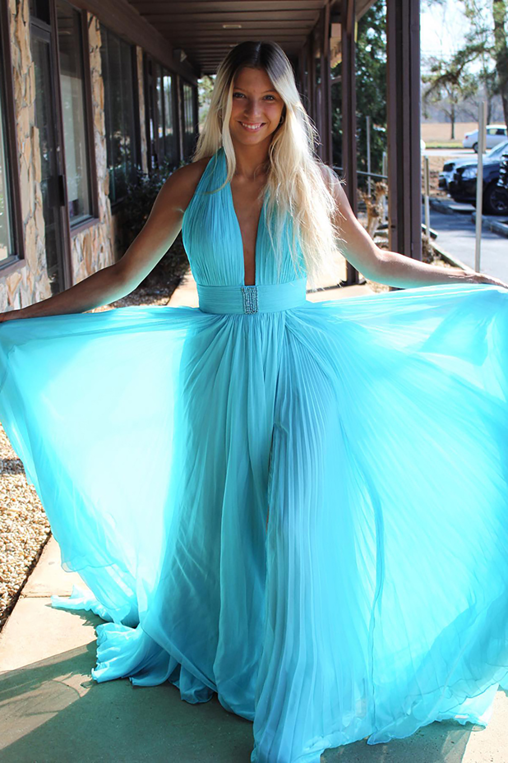 Flowy Turquoise Pleated Halter Long Chiffon Prom Dress