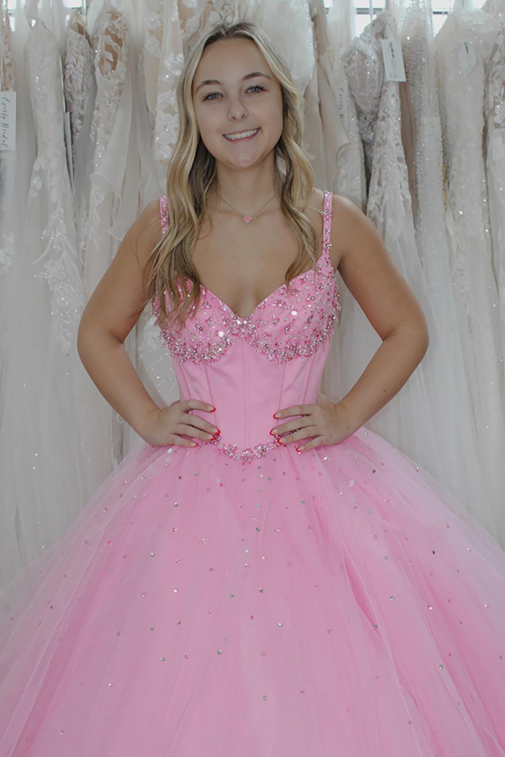 Sparkly Pink Beaded Corset A Line Long Prom Dress