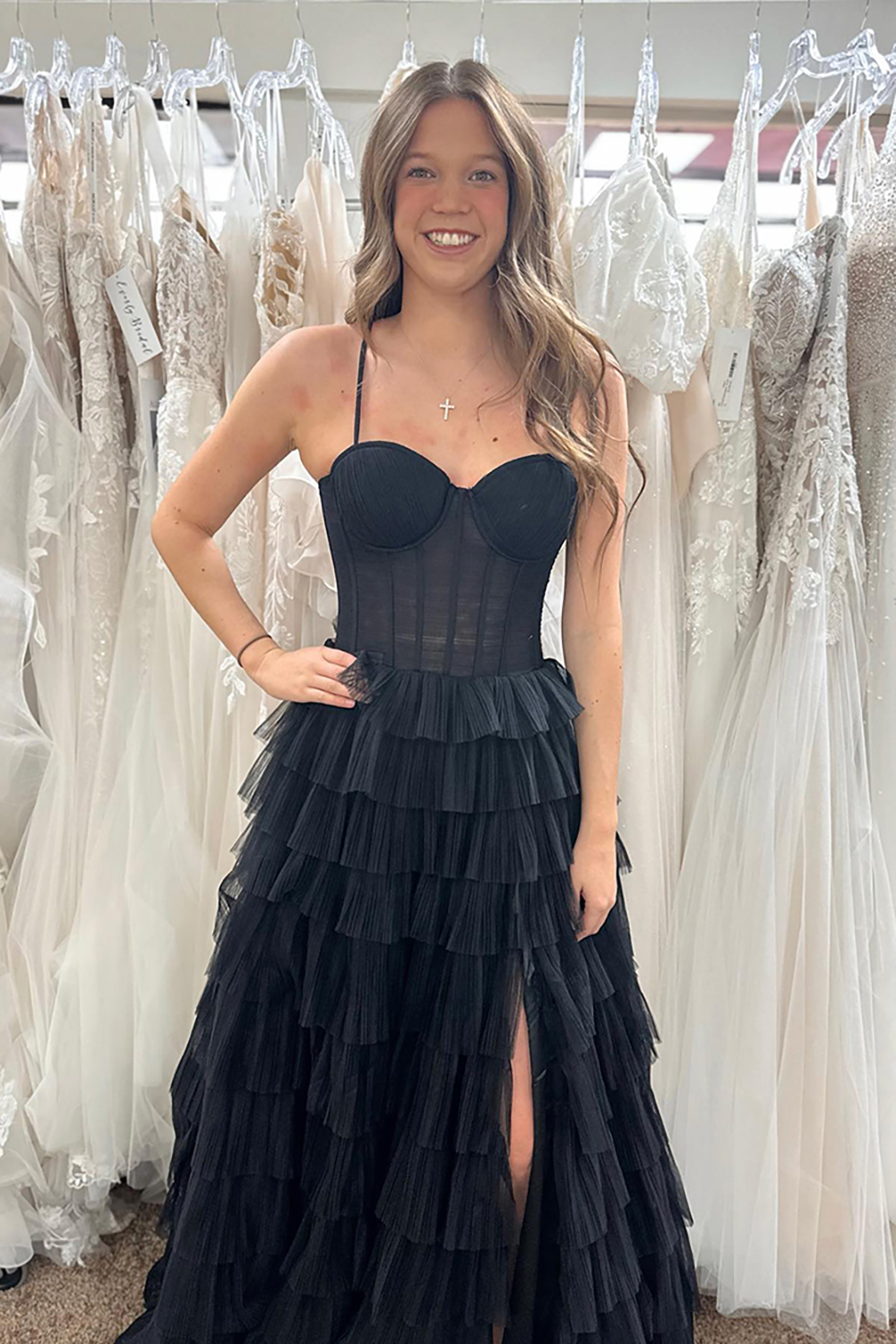 Black Corset Spaghetti Straps Long Prom Dress with Ruffles