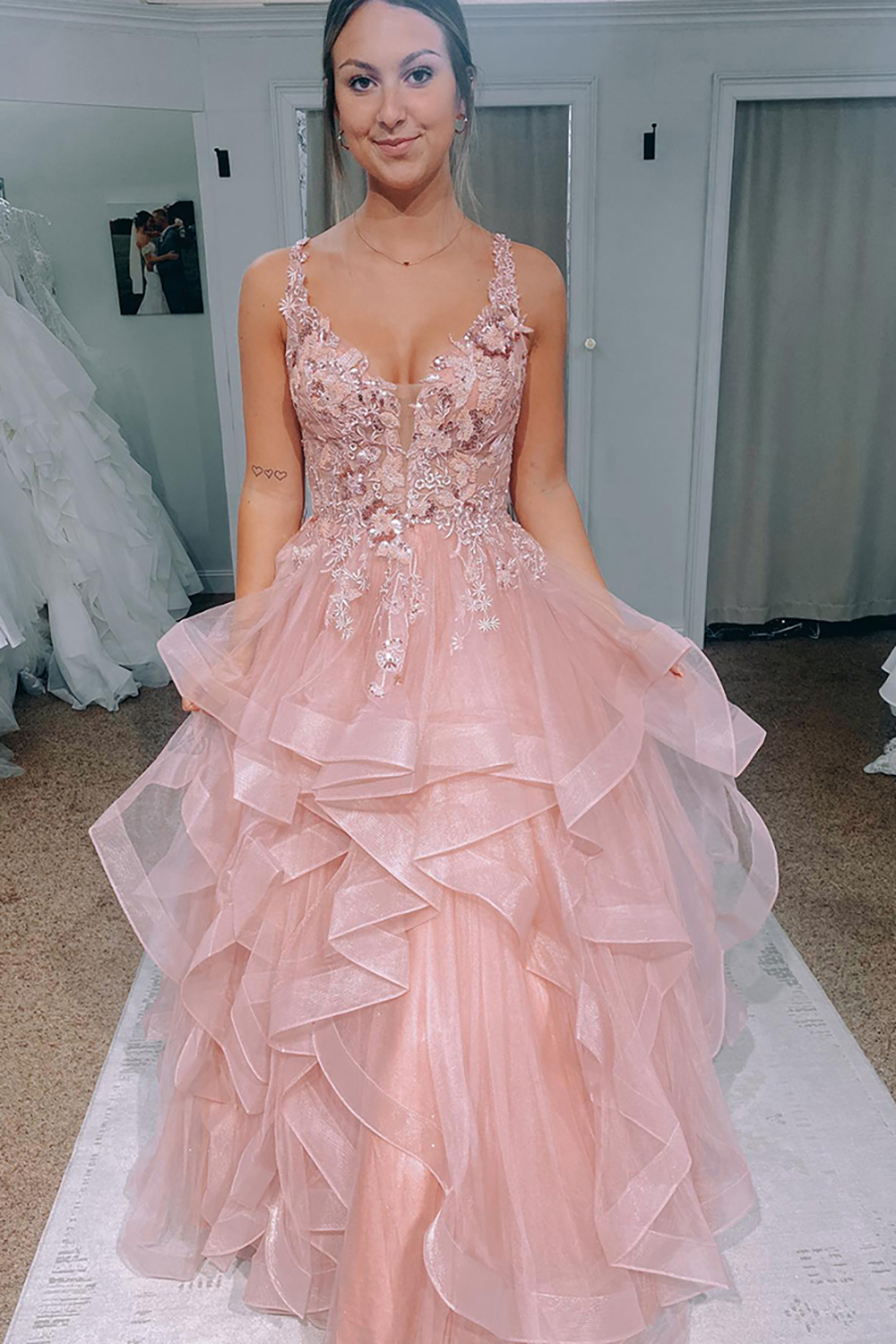 Sparkly Blush Ruffled Long Prom Dress with Lace