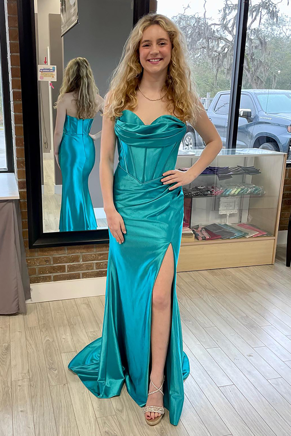 Simply Turquoise Satin Corset Long Prom Dress with Slit