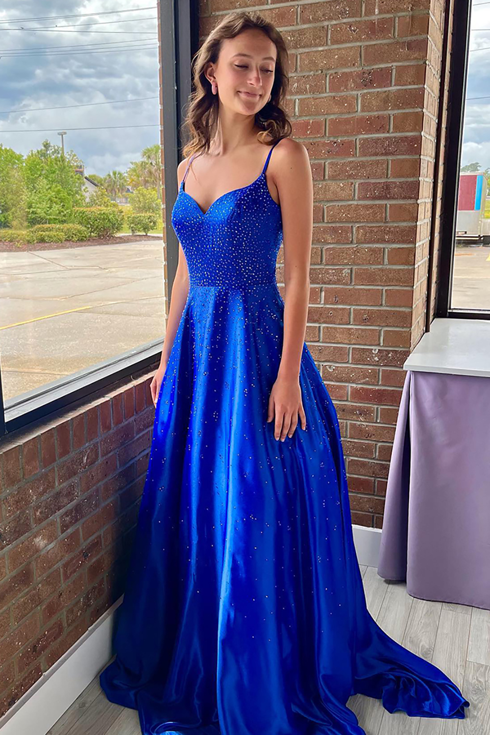 Sparkly Satin Royal Blue A Line Prom Dress with Beadings