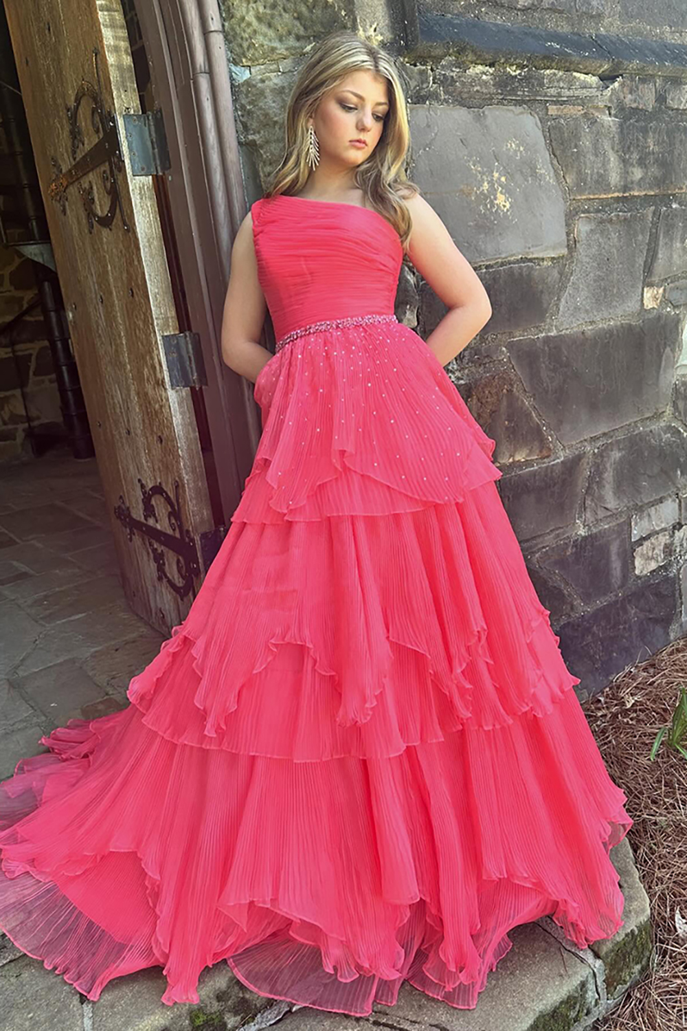 Sparkly One Shoulder Fuchsia Long Prom Dress with Ruffles