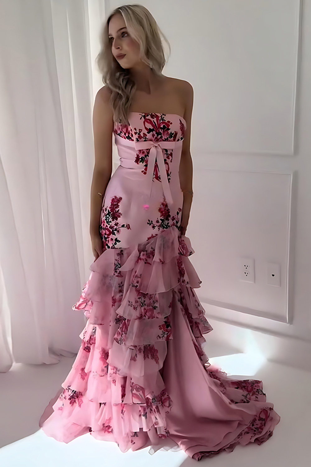 Pink Floral Ruffled Mermaid Long Prom Dress