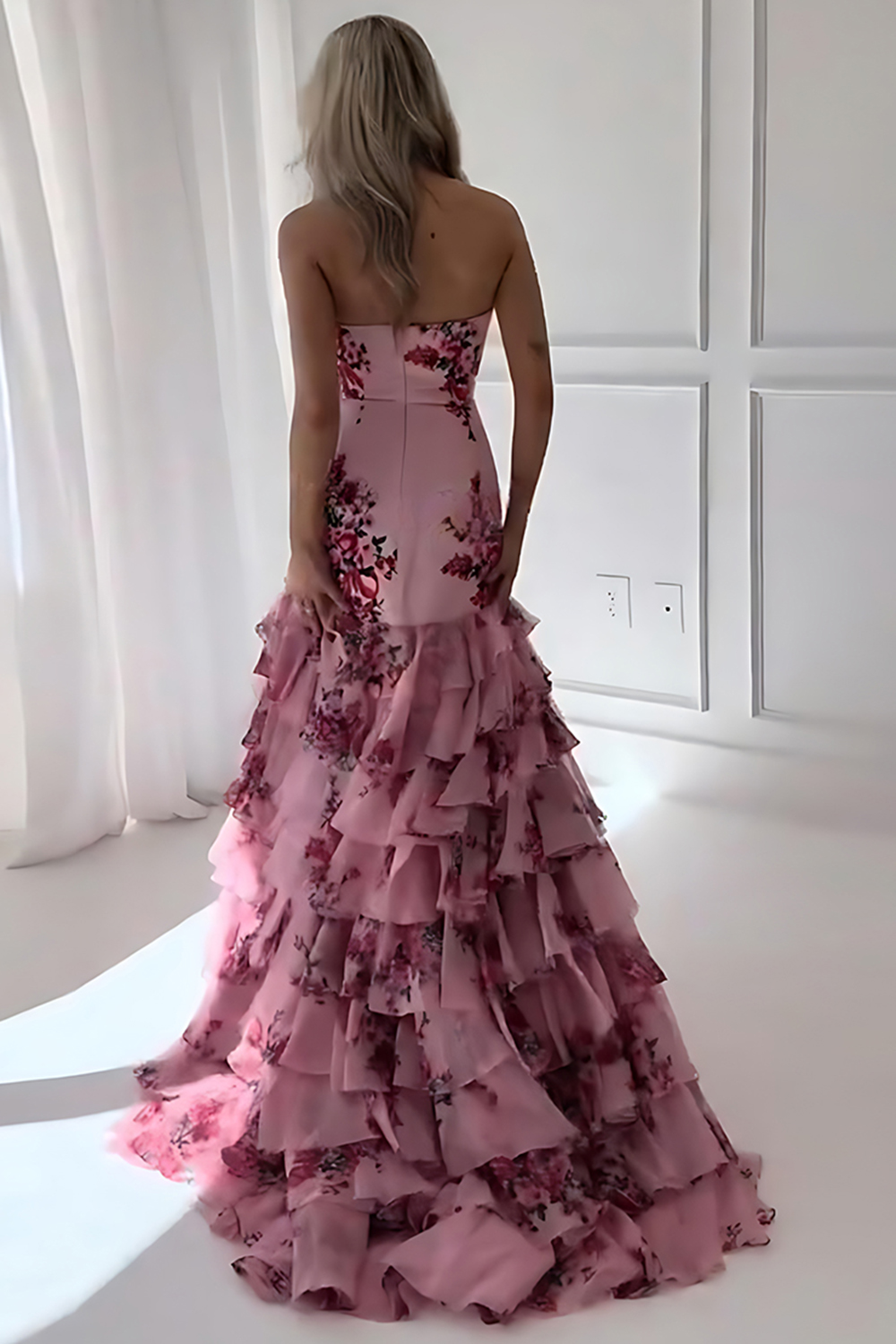 Pink Floral Ruffled Mermaid Long Prom Dress
