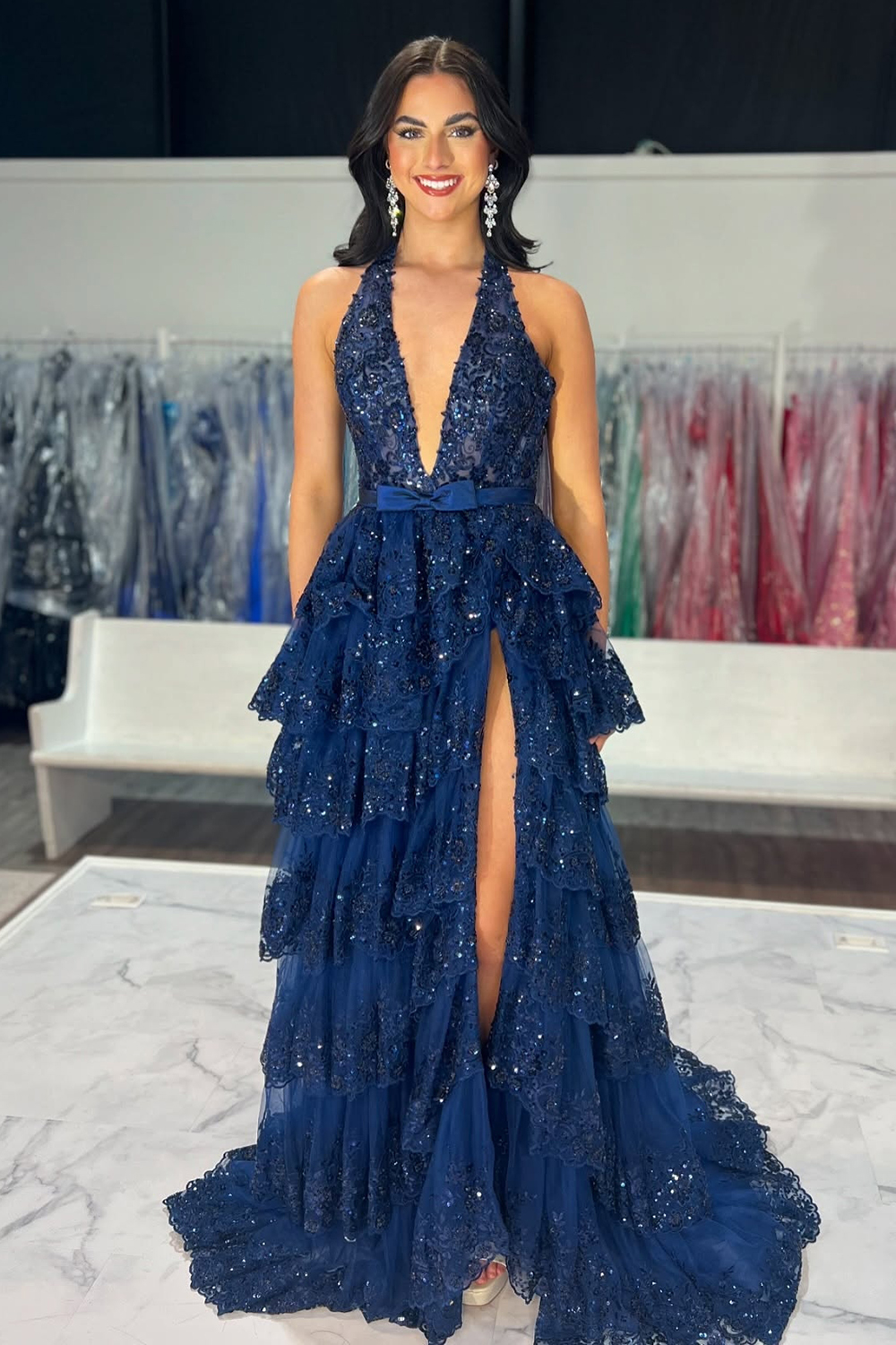 Sparkly Ruffled Navy Halter Long Prom Dress with Slit