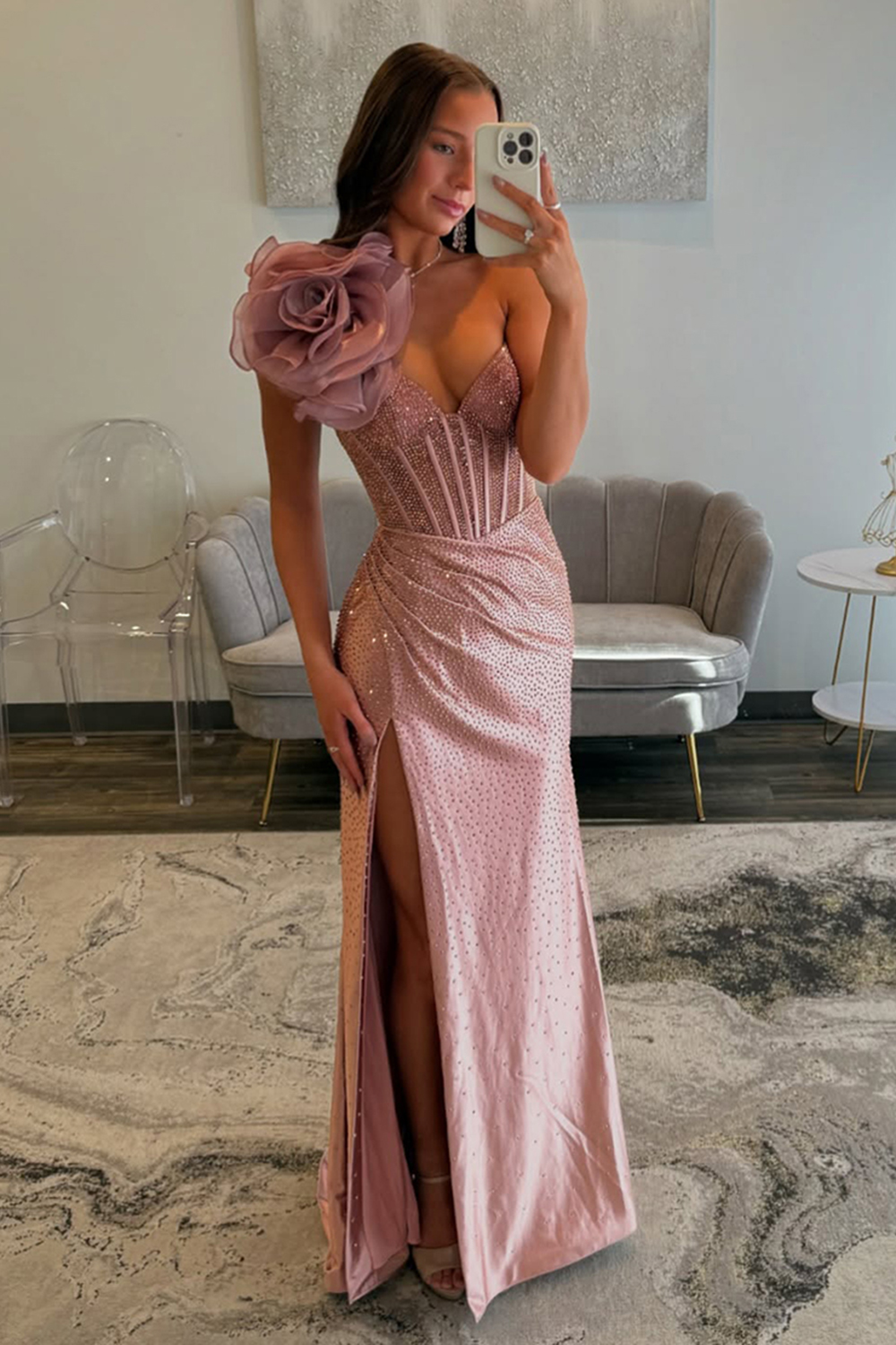 Sparkly Floral Navy Corset One Shoulder Prom Dress with Slit