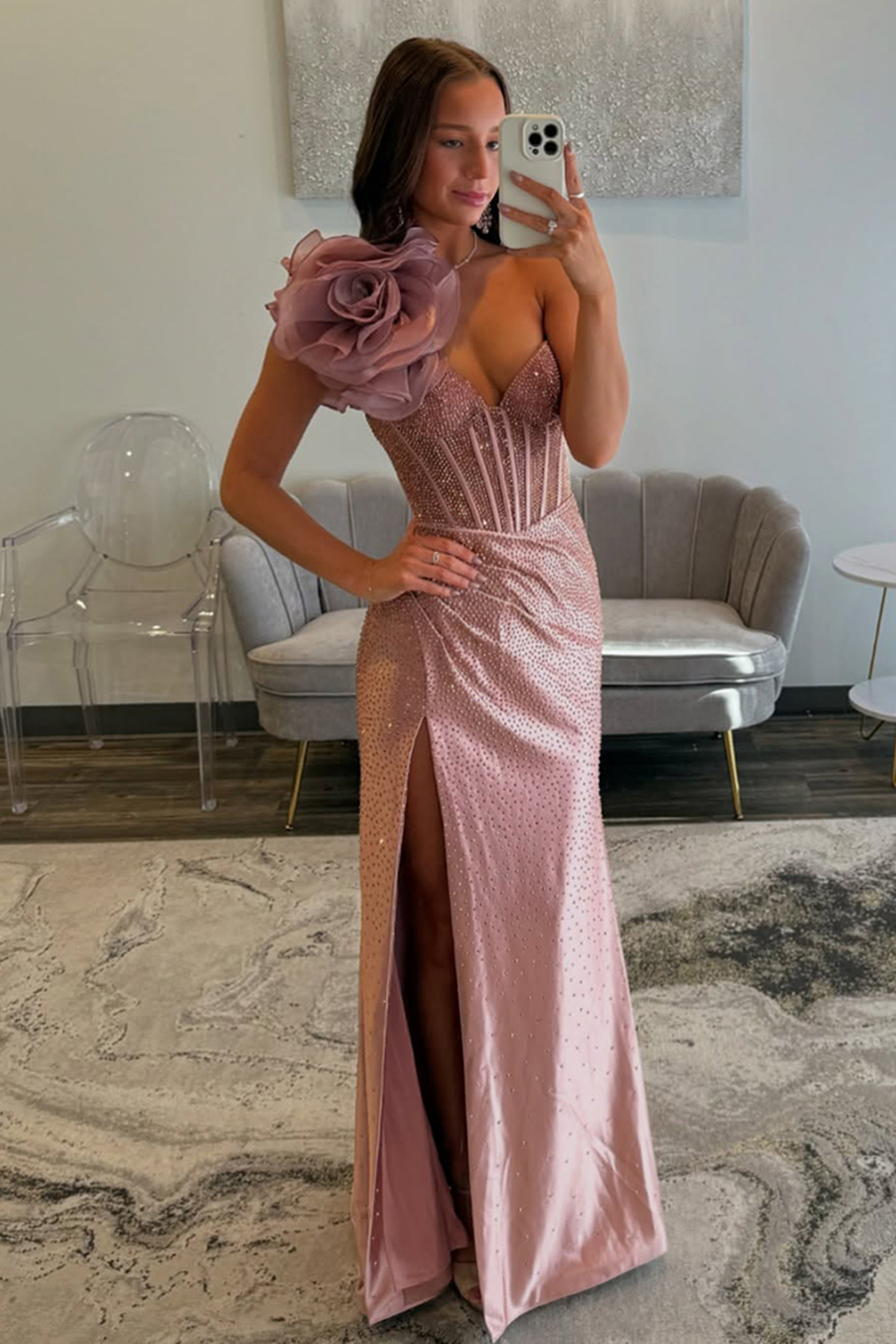 Sparkly Floral Navy Corset One Shoulder Prom Dress with Slit