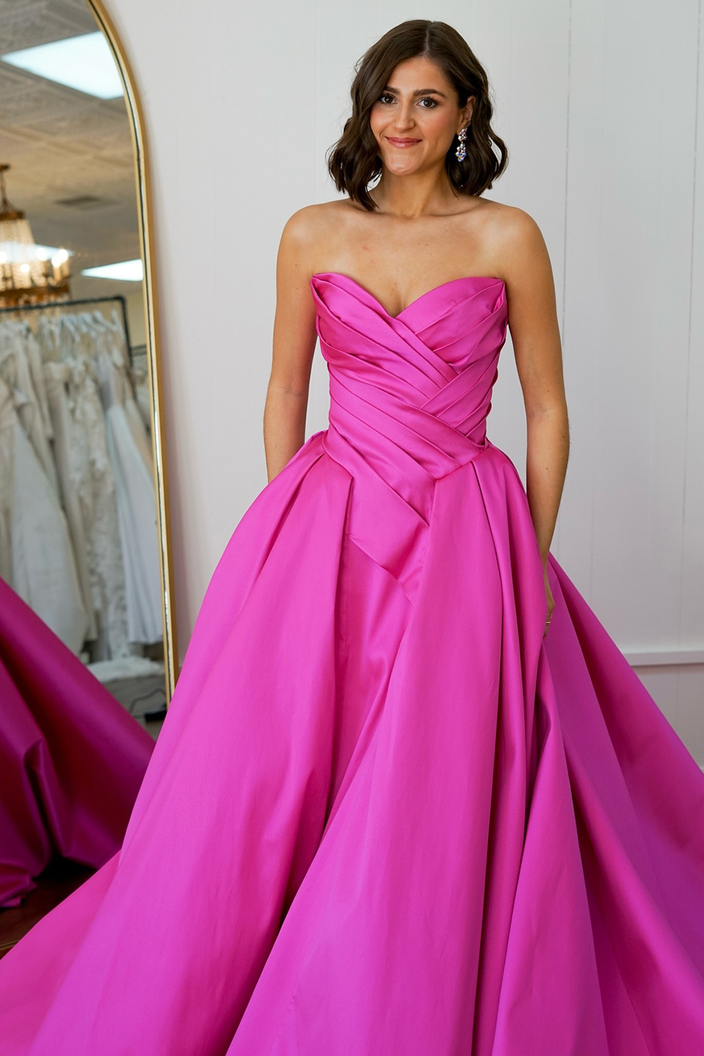 A Line Sweetheart Fuchsia Satin Long Prom Dress