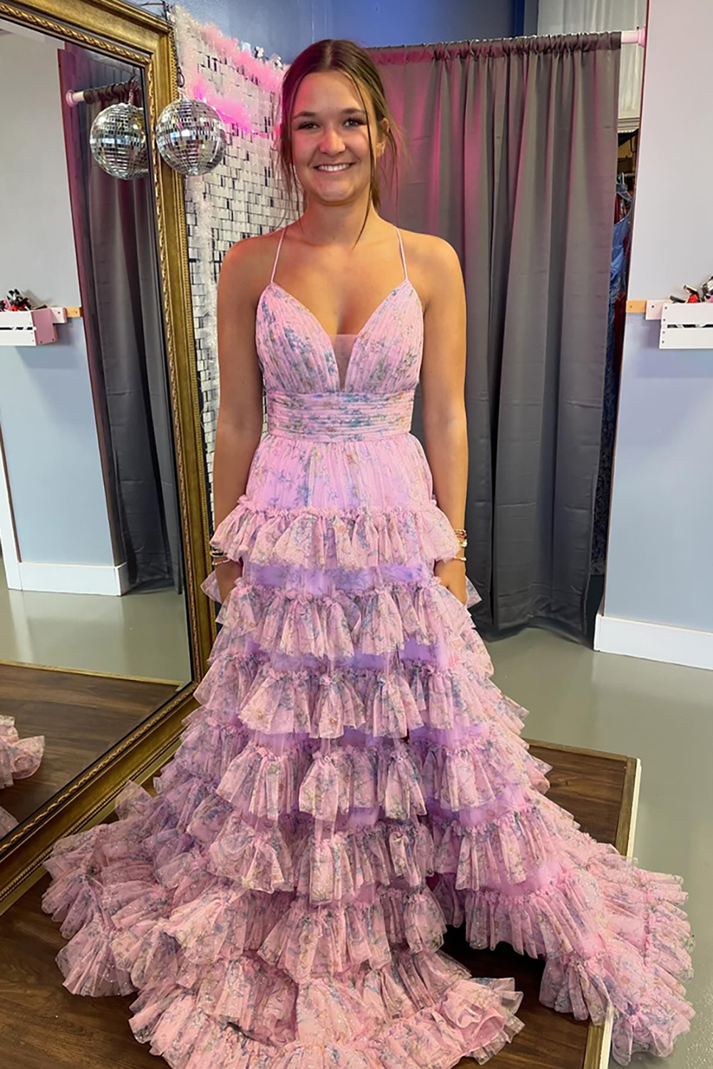 Pink Floral Spaghetti Straps Long Prom Dress with Ruffles