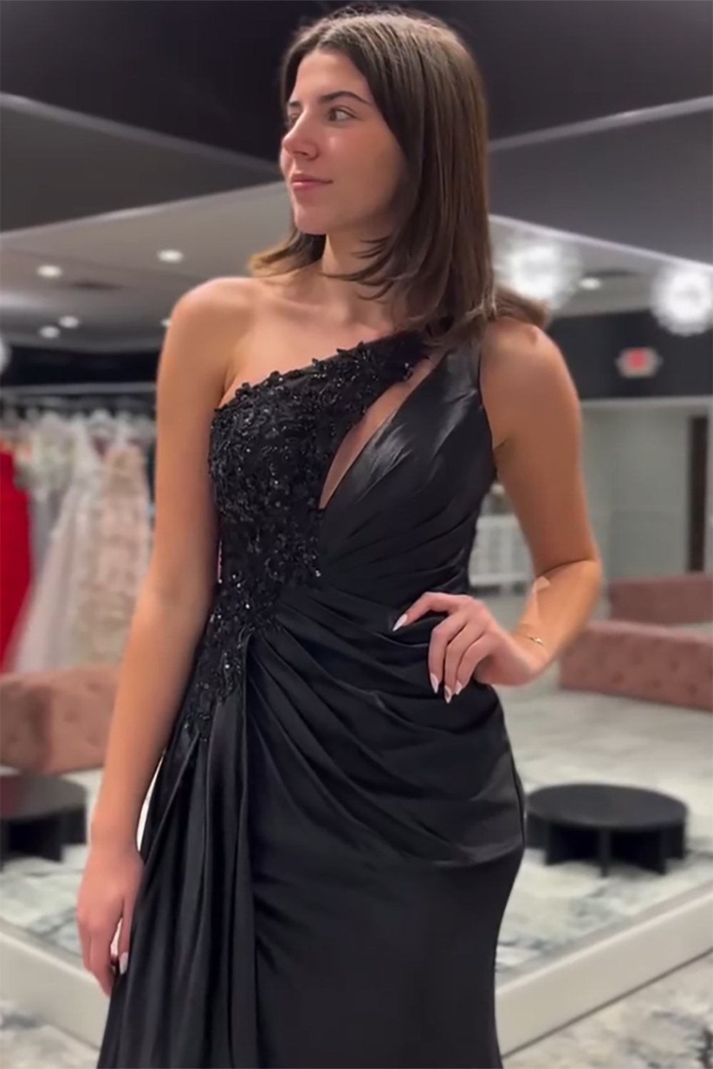 Sparkly Black Satin One Shoulder Prom Dress with Slit