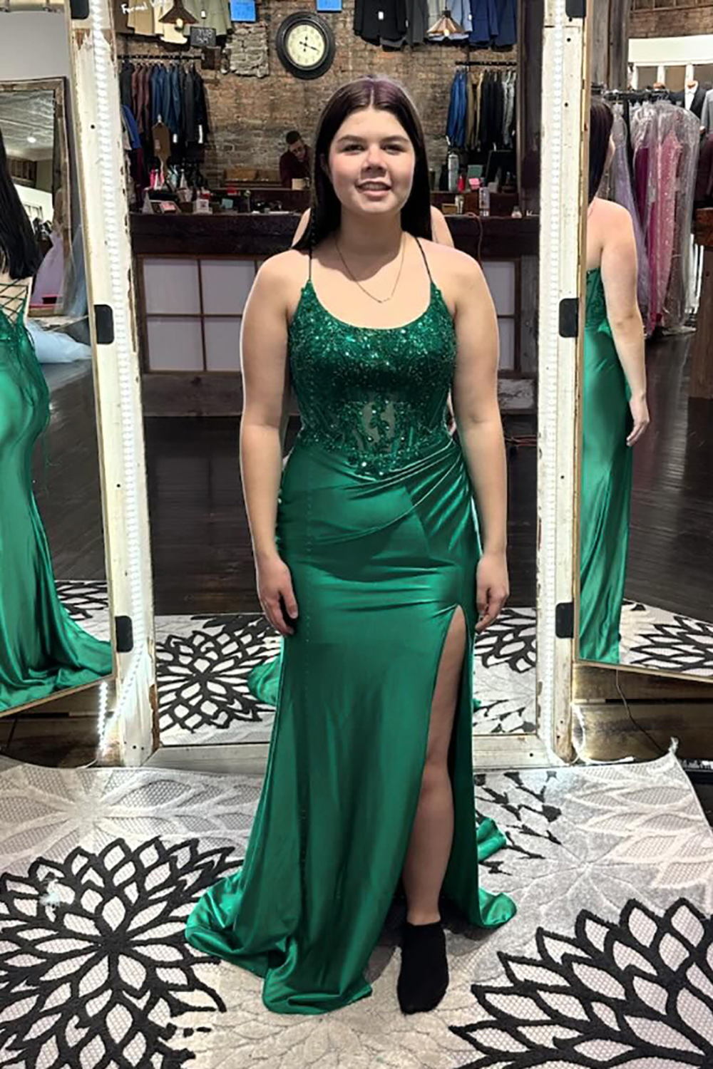 Sparkly Emerald Green Corset Satin Long Prom Dress with Slit
