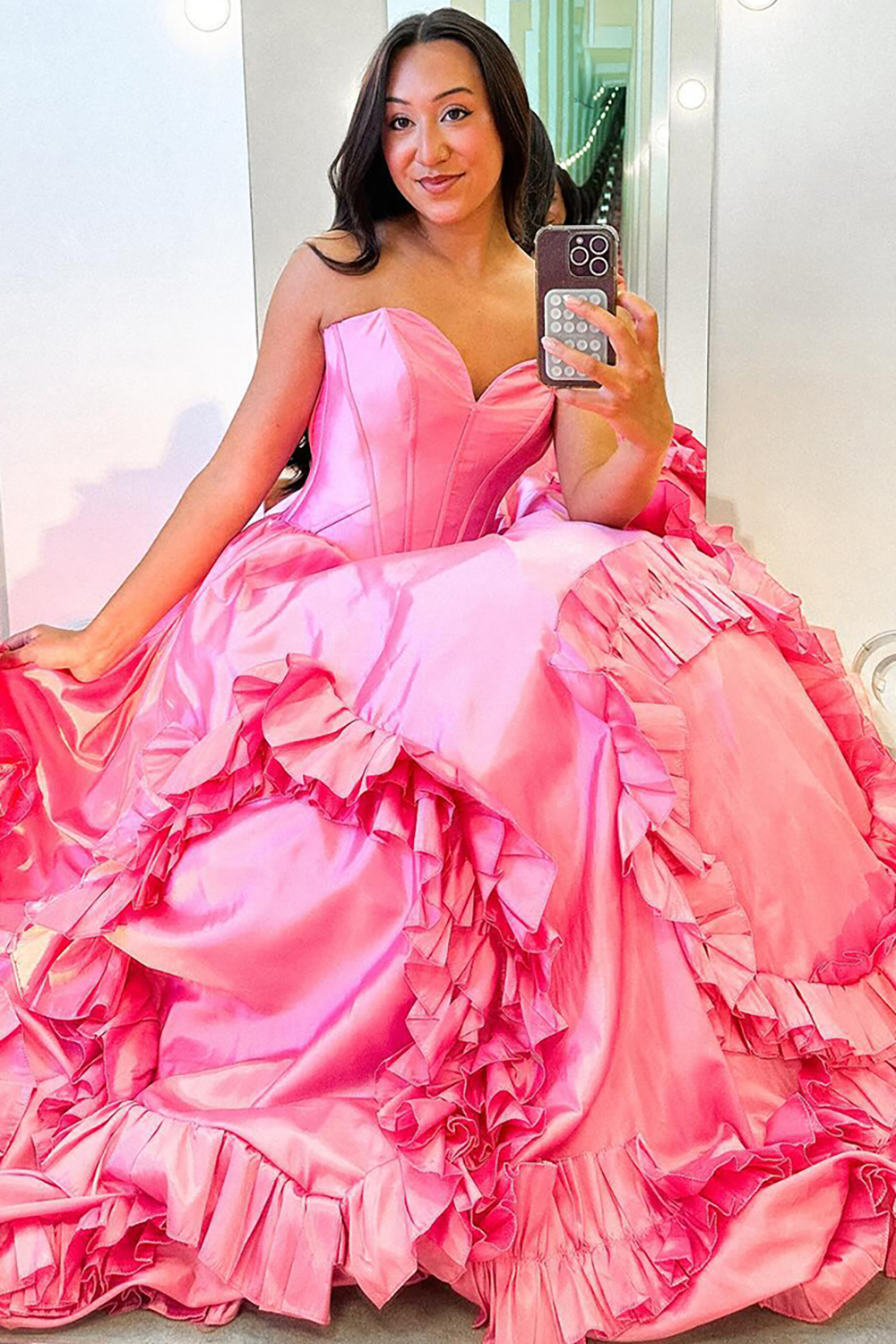 Sweetheart Pink Corset Ruffled Long Prom Dress