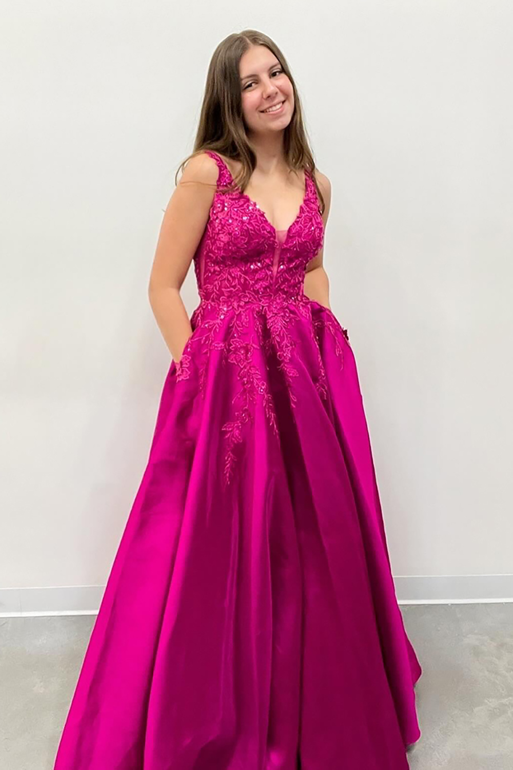 Fuchsia A Line Appliqued Satin Long Prom Dress with Pockets