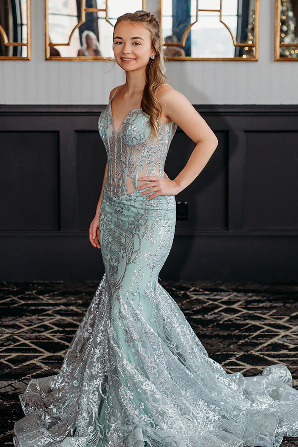 Light Green Sparkly V-neck Mermaid Tulle Prom Dress