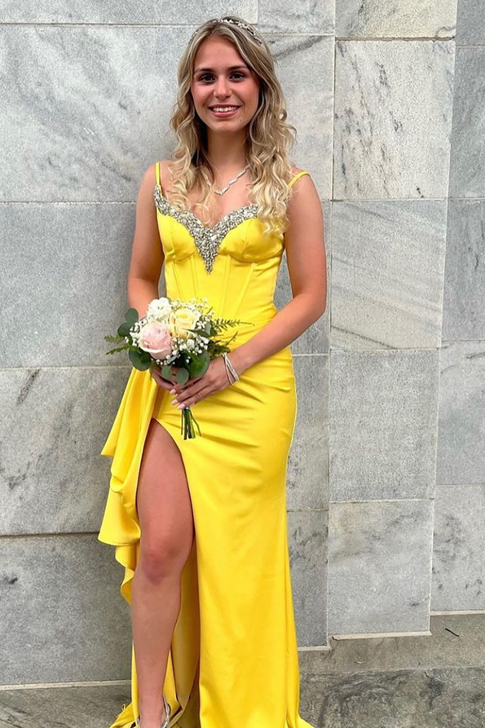 Yellow Sparkly V-neck Ruffle Slit Satin Prom Dress