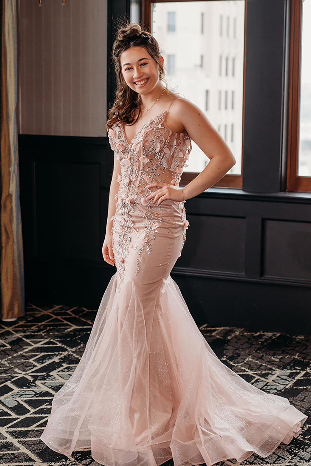 Blush Sparkly V-neck Mermaid Tulle Prom Dress