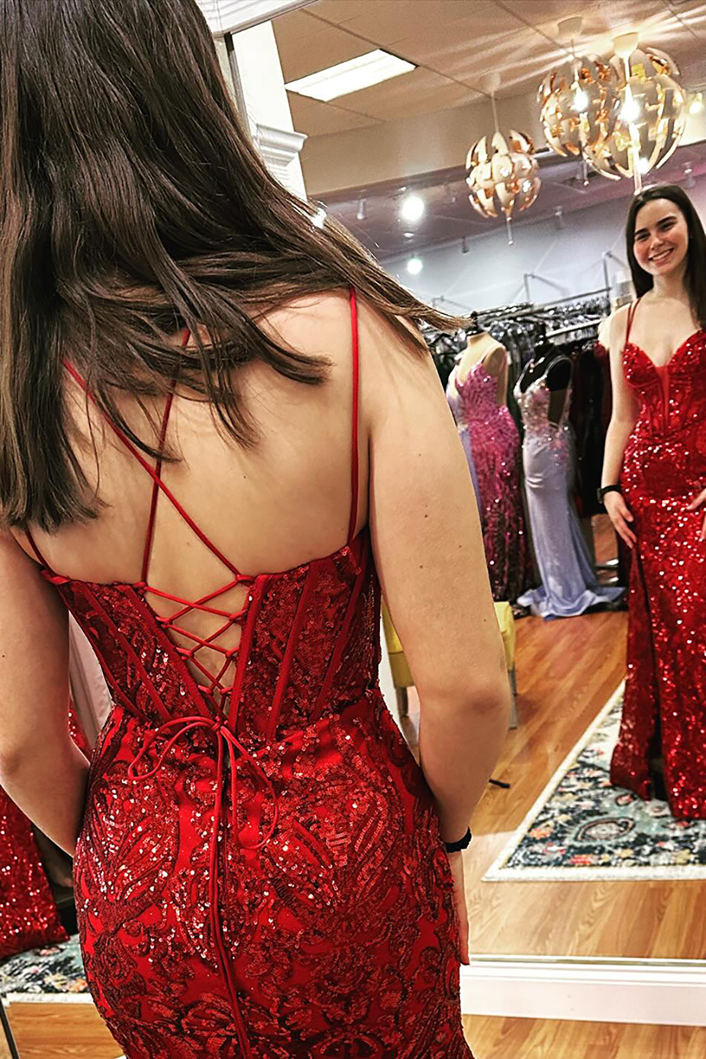 Red Sparkly V-neck Sequins Mermaid Prom Dress