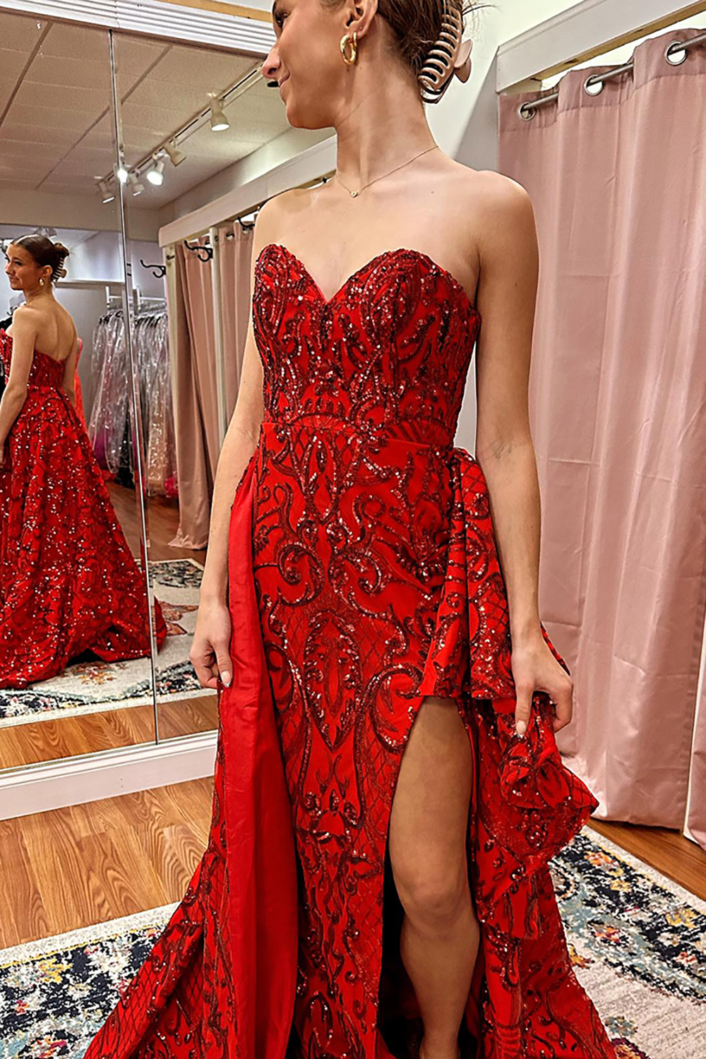 Red Sparkly Strapless Mermaid Prom Dress