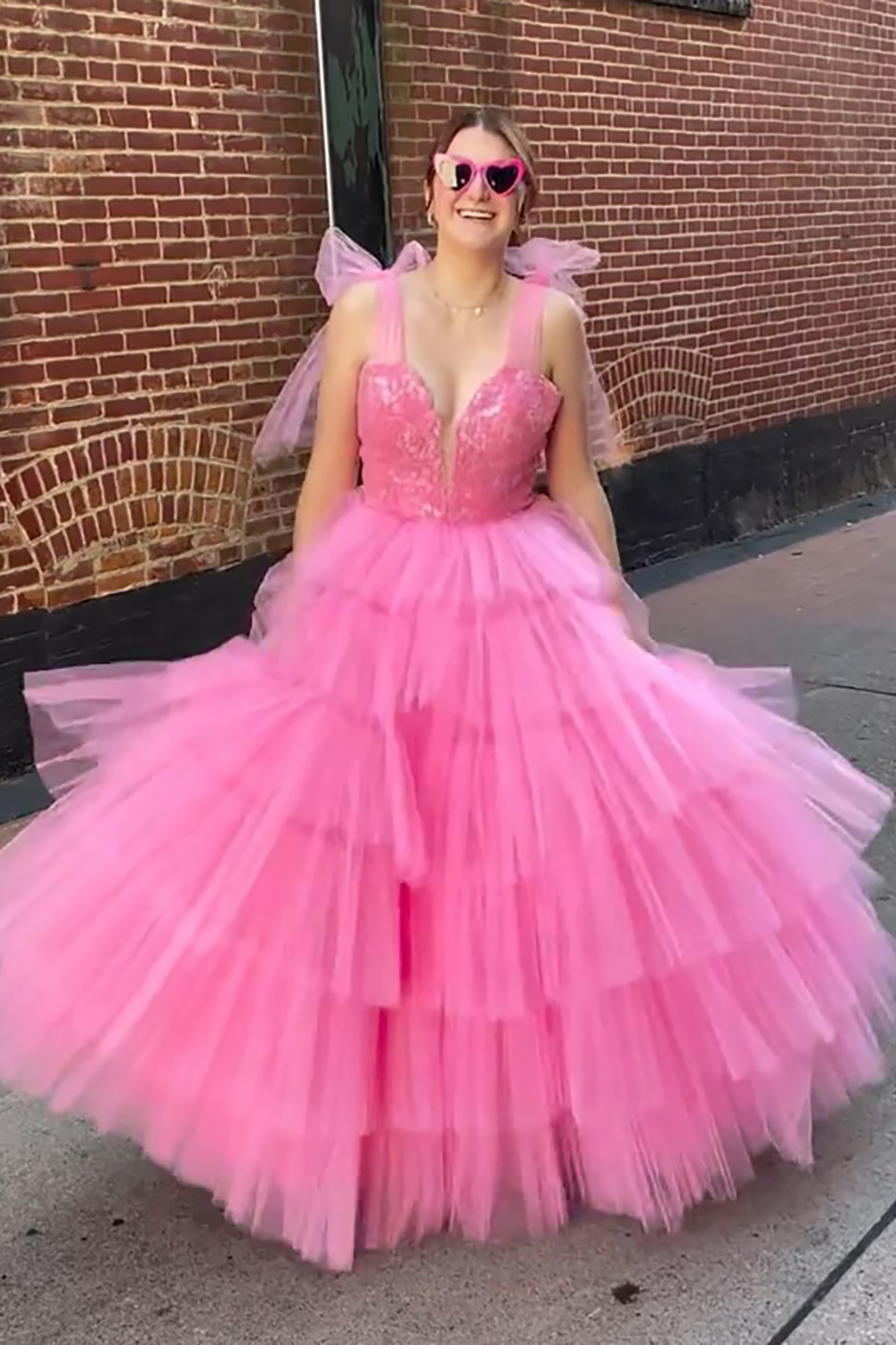Pink Ruffled V-neck Tiered Pretty Prom Dress