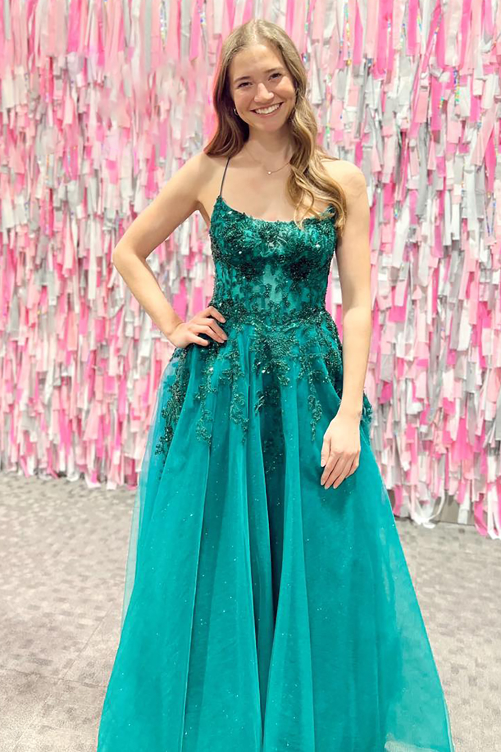 Emerald Green A Line Sparkly Chiffon Prom Dress