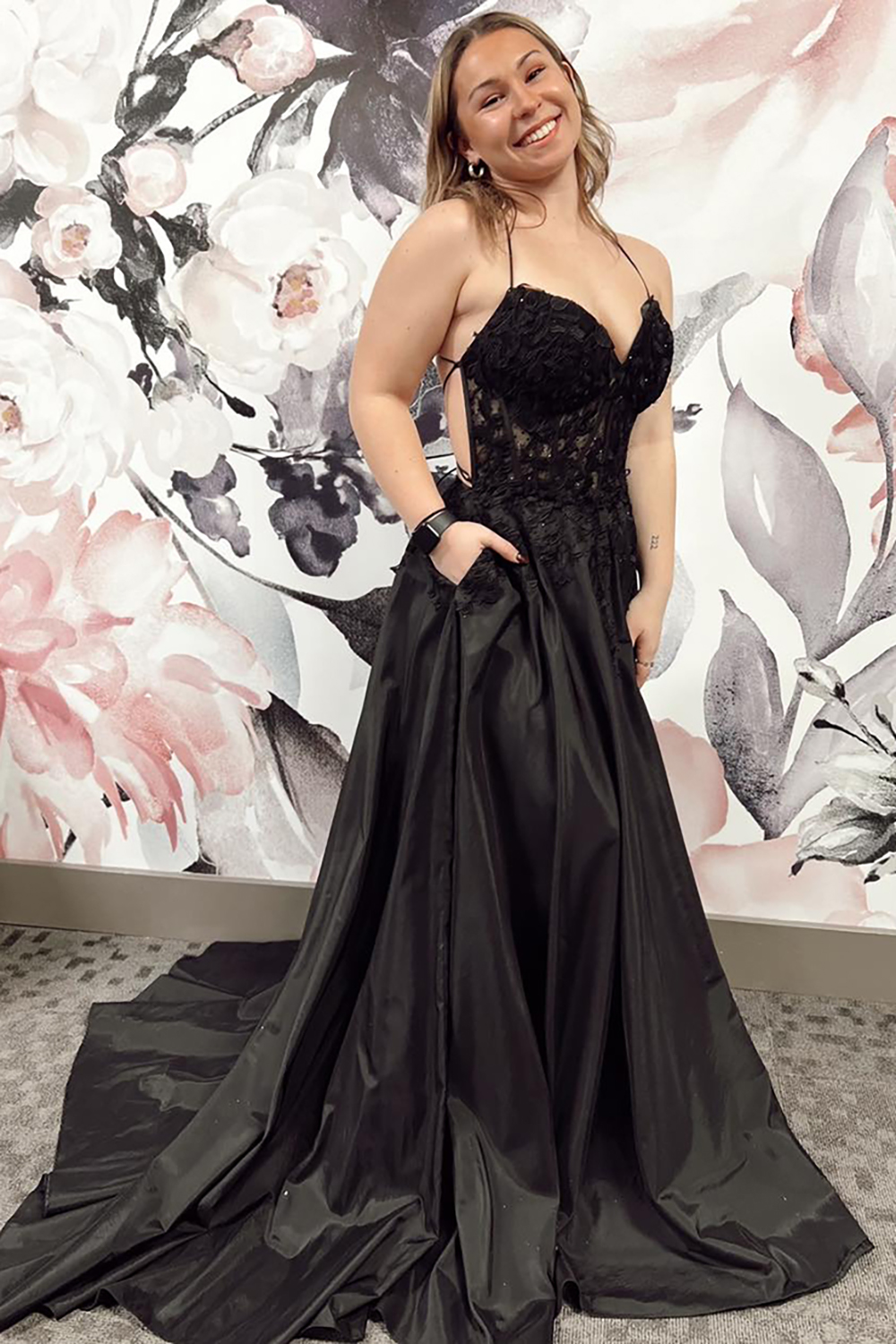 Black A Line Lace Backless Satin Prom Dress