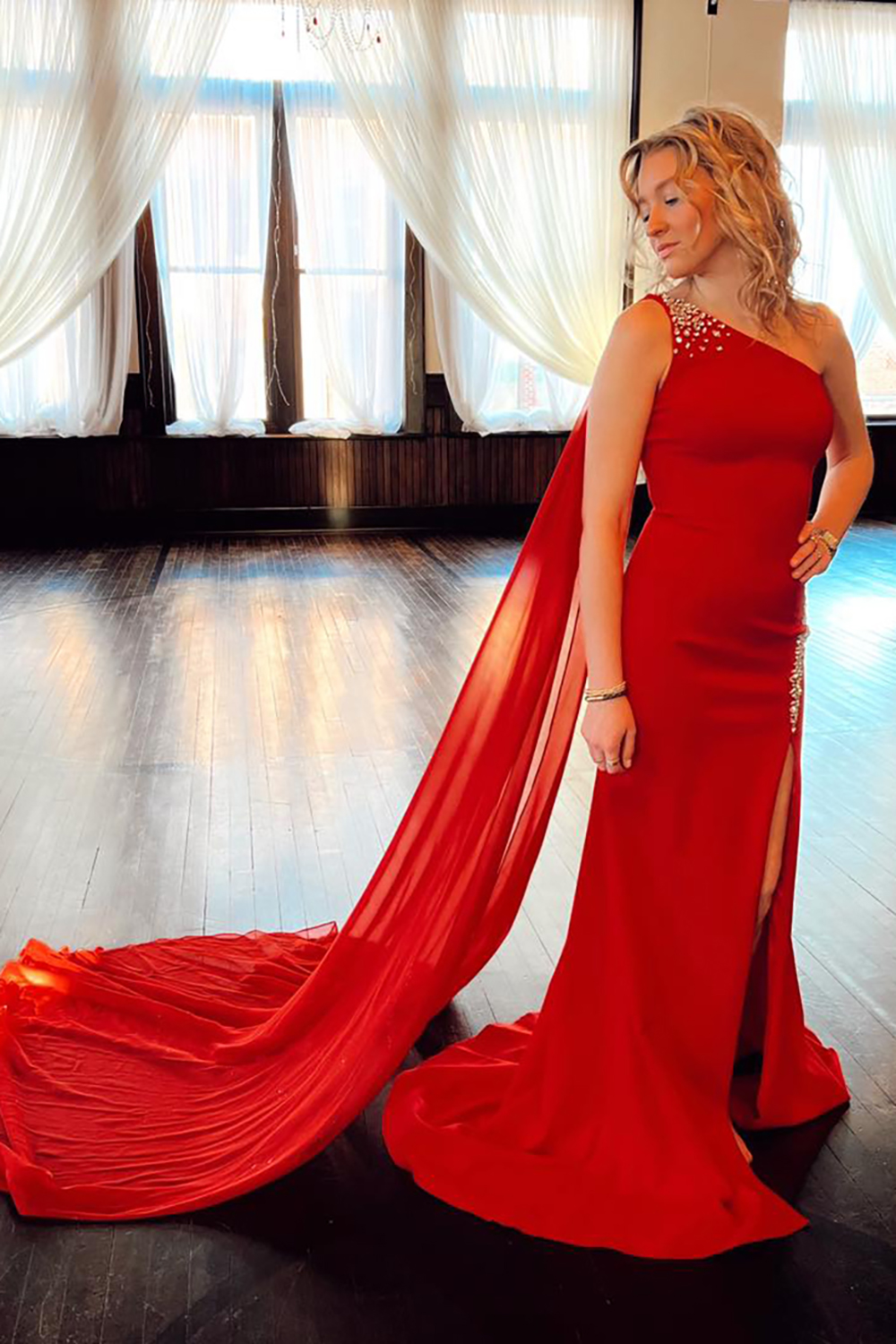 Red Sparkly One Shoulder Mermaid Prom Dress with Slit