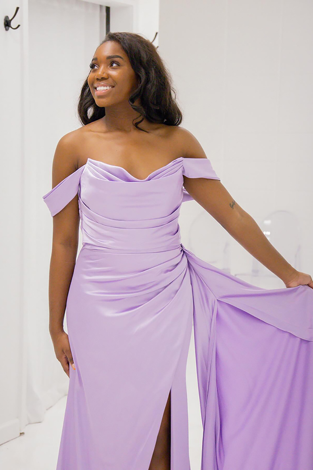 Lilac Corset Off the Shoulder Satin Mermaid Prom Dress with Side Cape