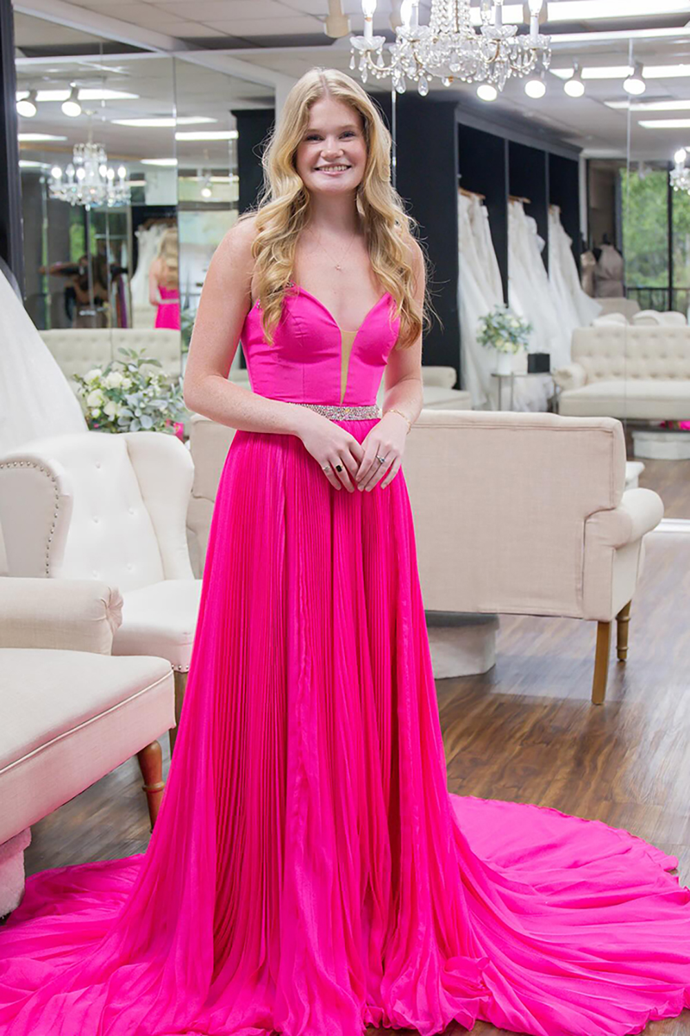 Fuchsia A line V-neck Pleated Satin Prom Dress