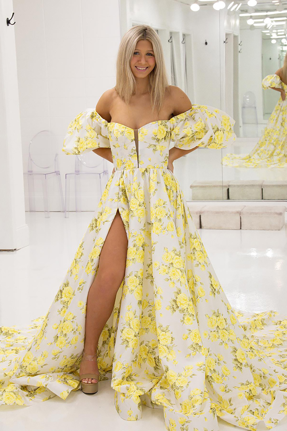 Yellow A Line Print Floral Puff Sleeve Maxi Prom Dress with Slit