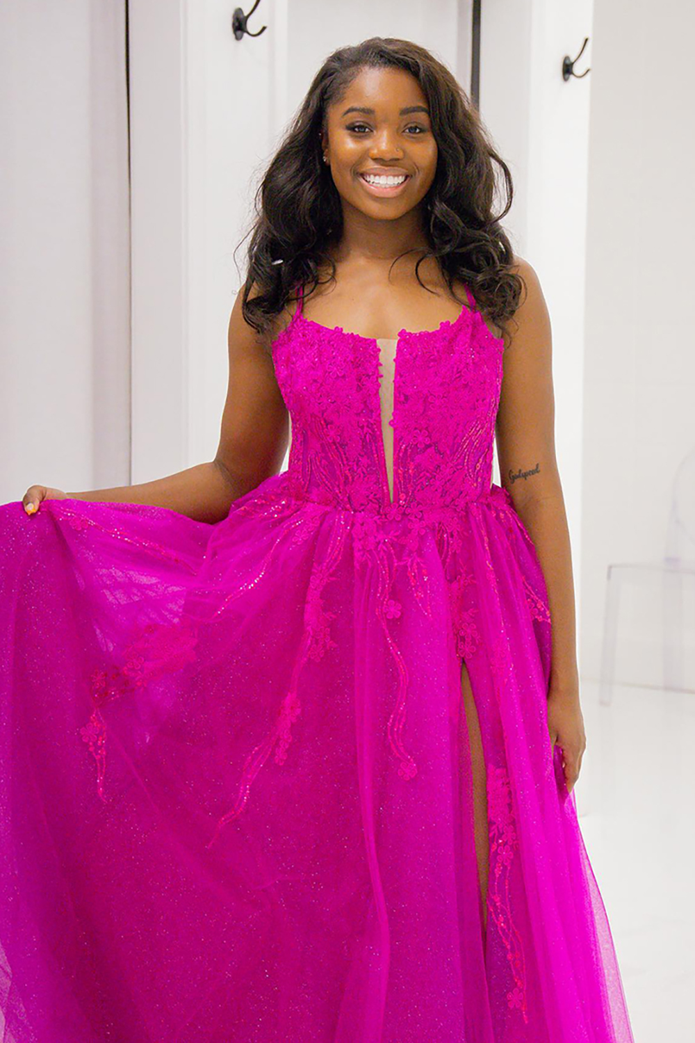 Fuchsia A line Lace Chiffon Prom Dress with Slit