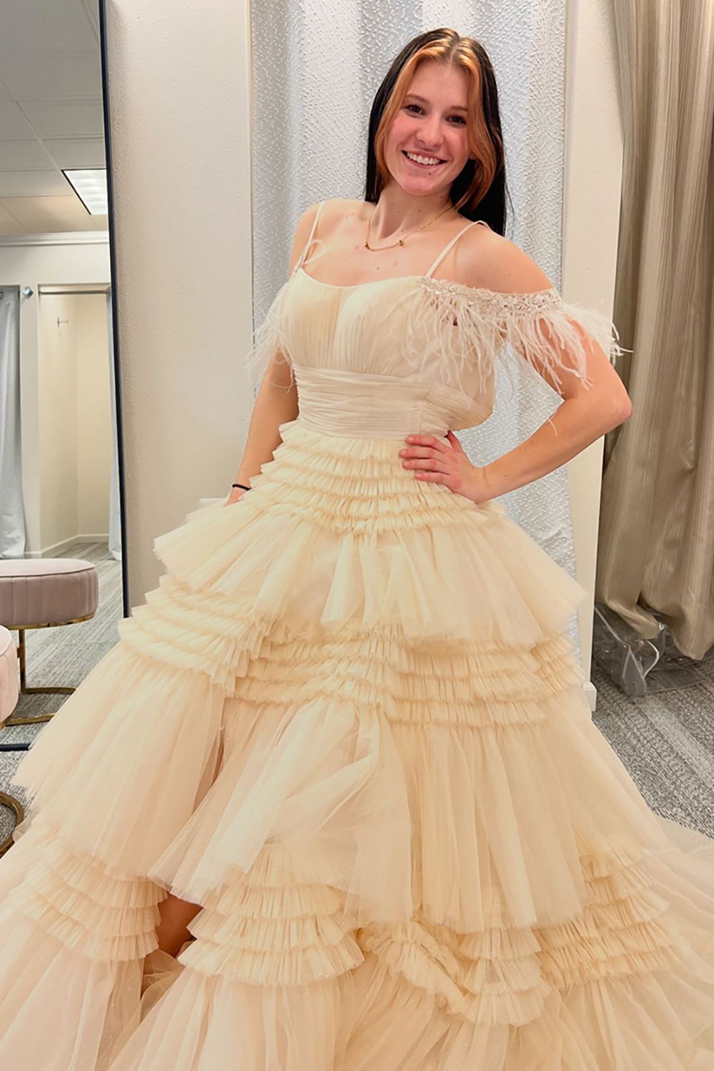 Sparkly Pink Yellow A Line Ruffled Lace Tiered Pleated Prom Dress