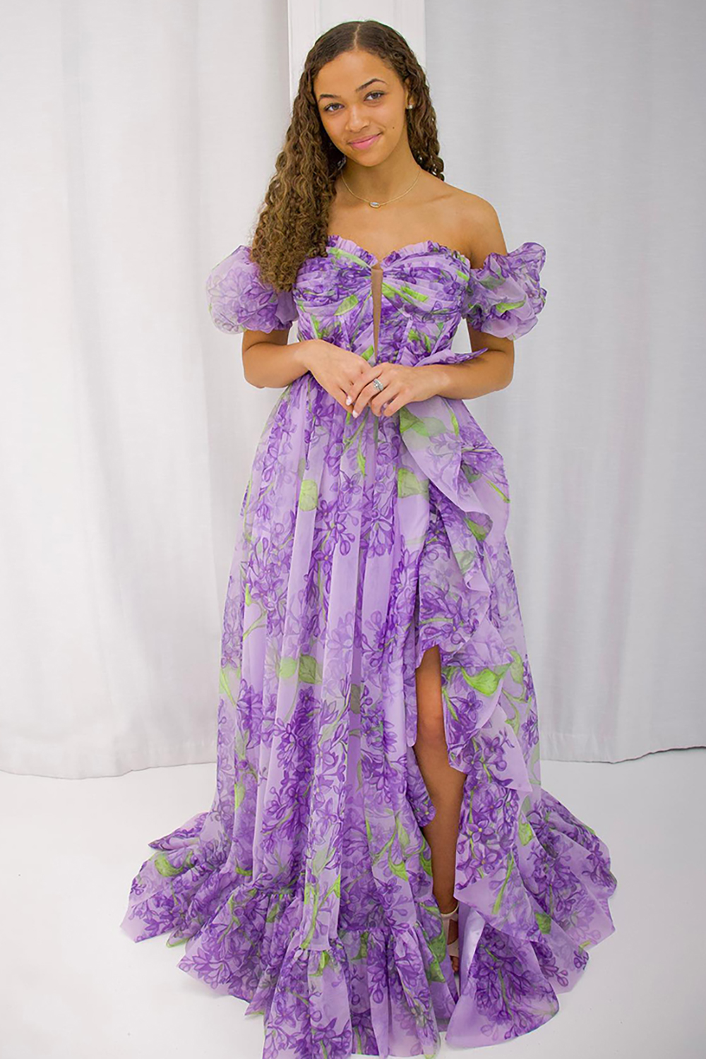 Purple Flower A Line Print Floral Puff Sleeve Chiffon Prom Dress with Slit