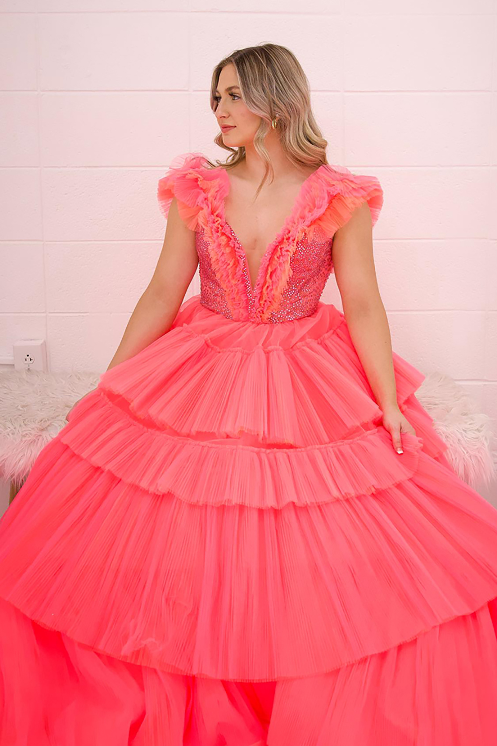 Sparkly Coral Ruffled V-neck Tiered Chiffon Lace Prom Dress