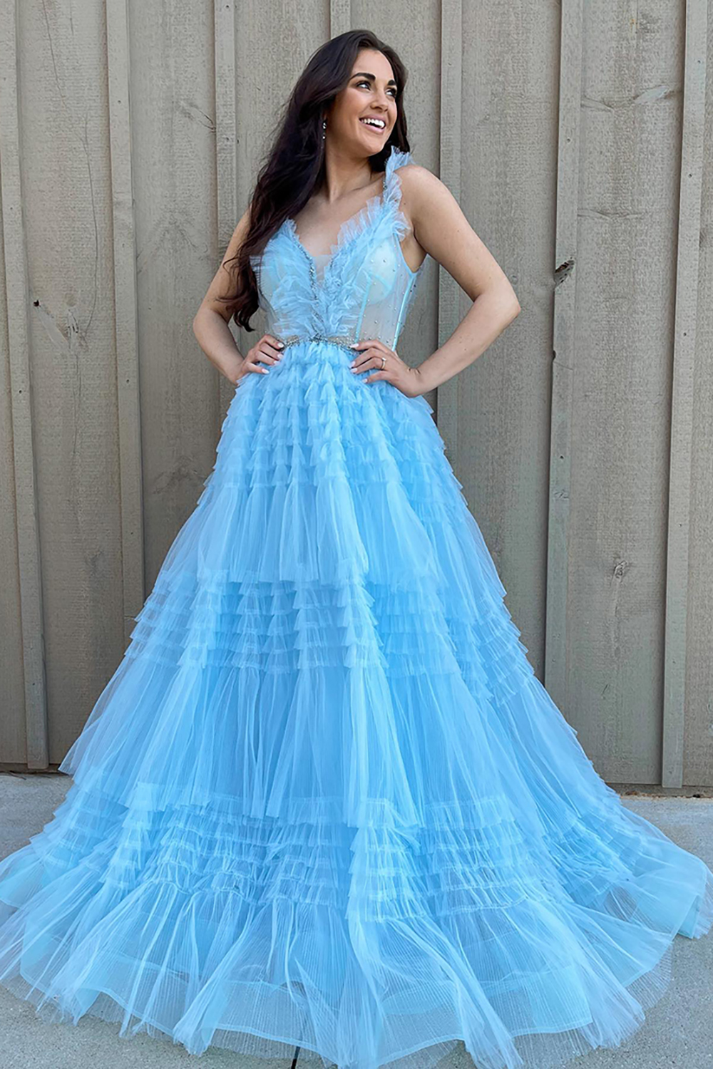 Light Blue Ruffled V-neck Tiered Chiffon Lace Beaded Prom Dress