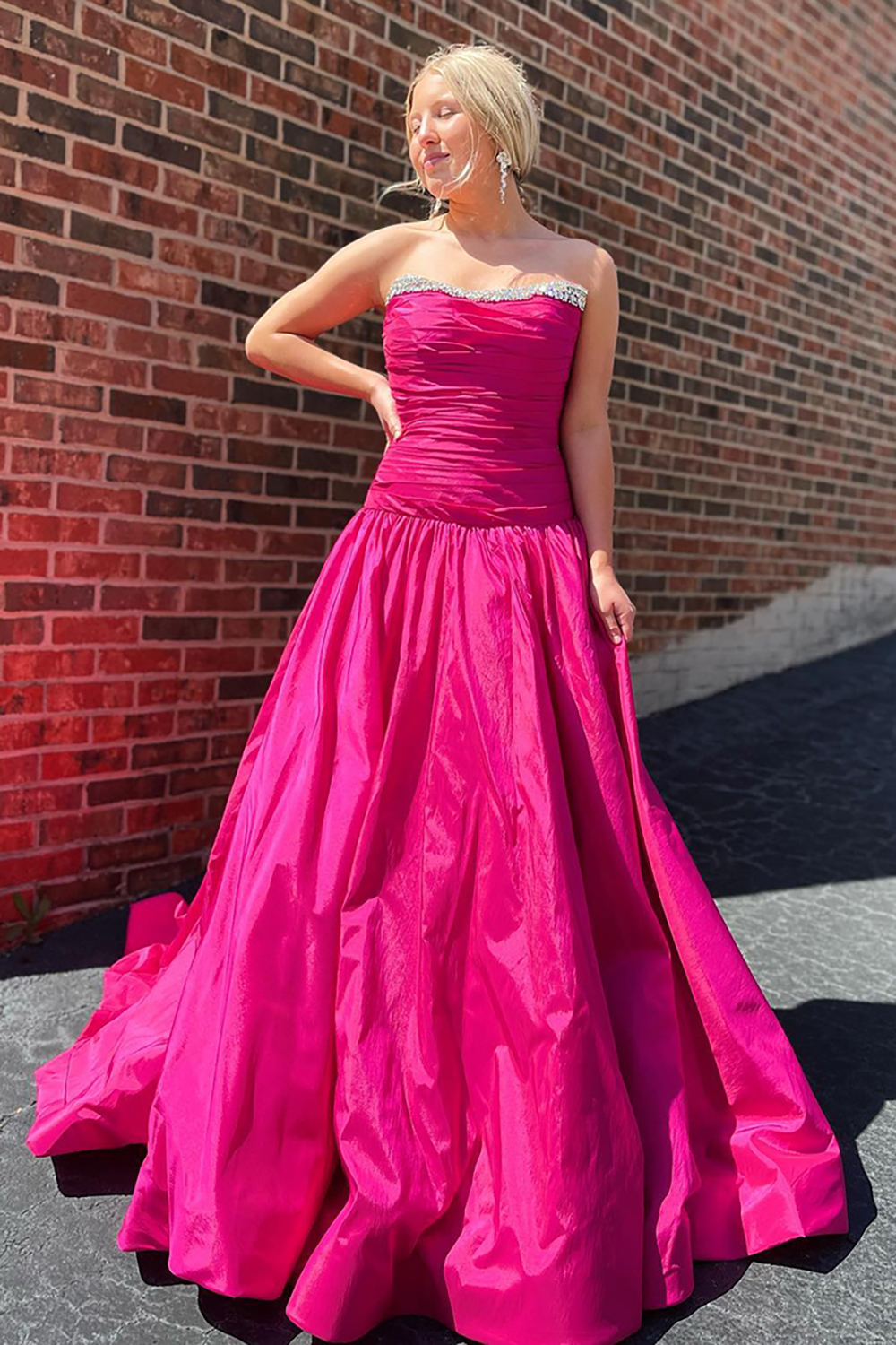 Fuchsia A line Metallic Sequins Beaded Satin Prom Dress