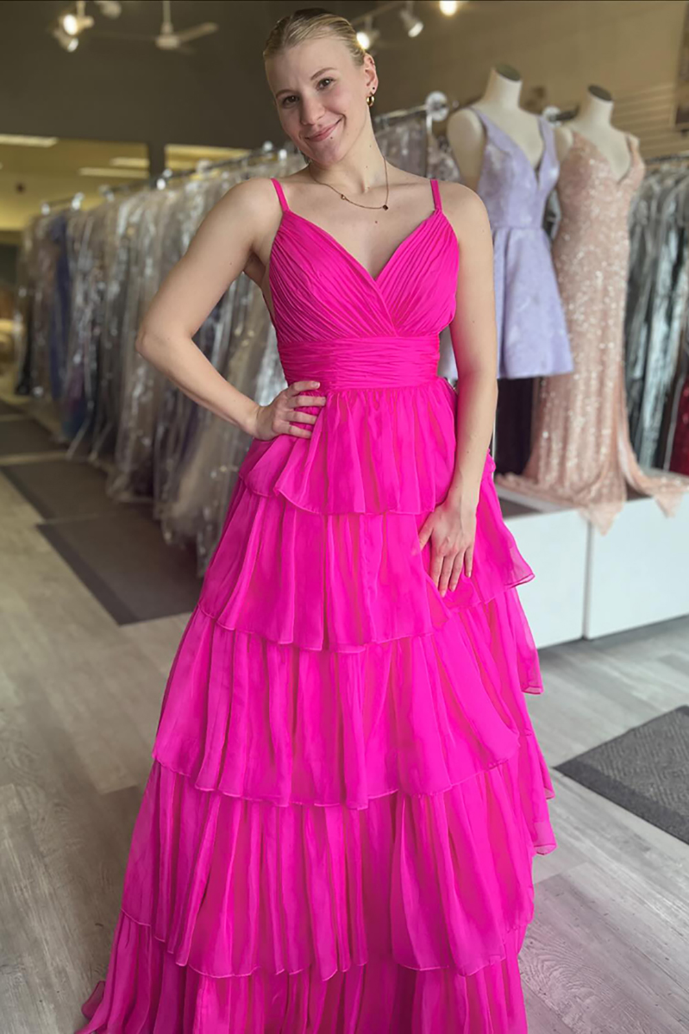 Fuchsia Ruffled V-neck Tulle Tiered Lace A Line Long Prom Dress