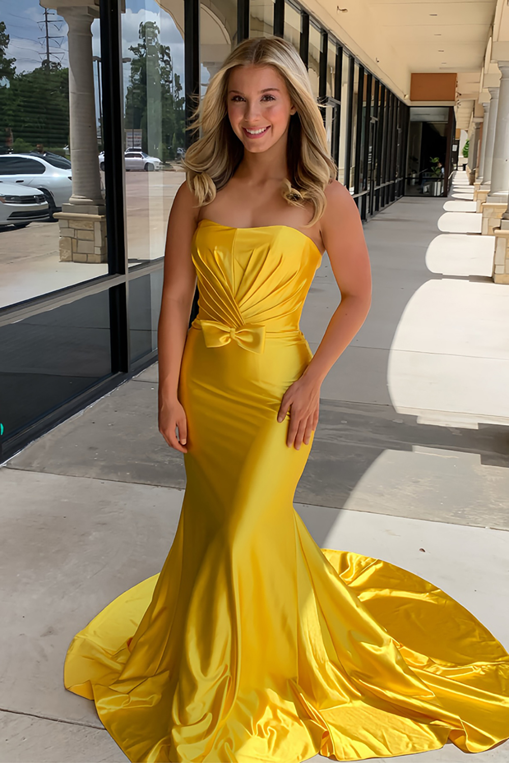 Yellow A-Line Strapless Wrap Ruched Corset Satin Mermaid Long Formal Dress