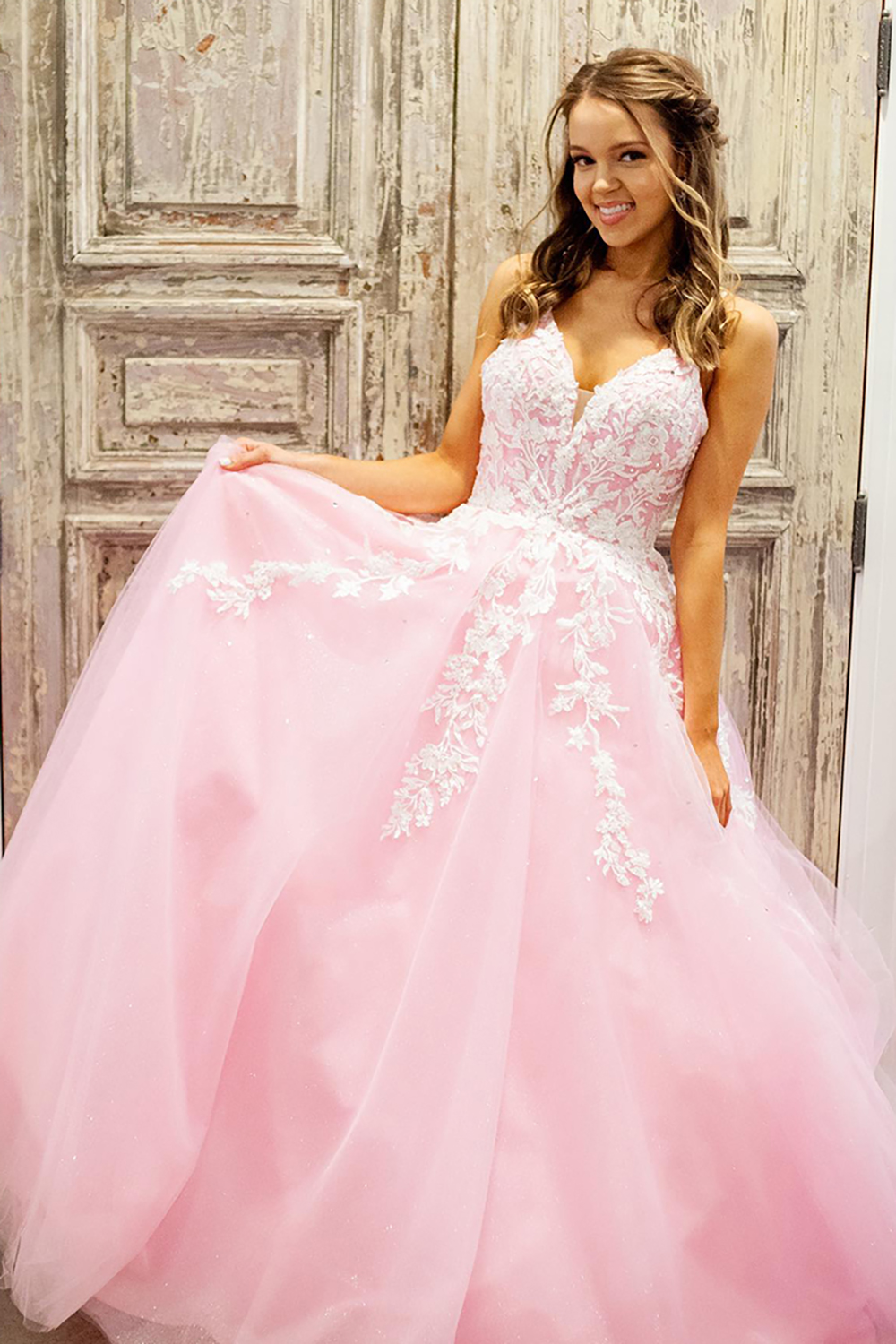 Sparkly Pink A Line Sequins Lace Chiffon Tulle Backless Long Prom Dress