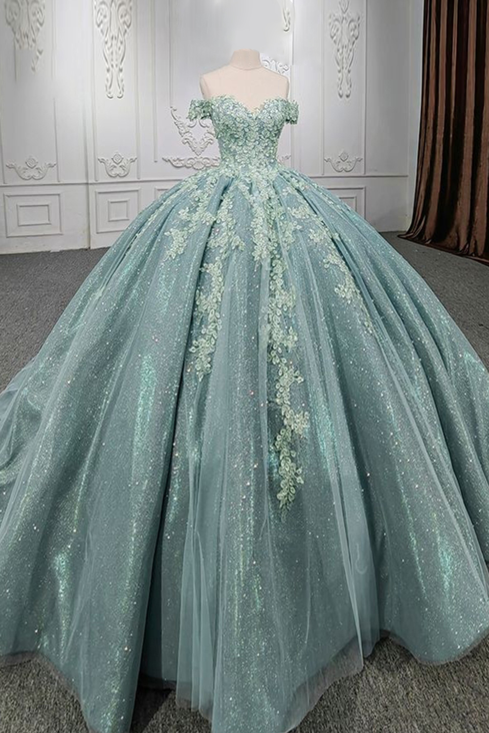 Sparkly Grey Green Off the Shoulder Appliqued Ball Gown Quinceanera Dress with Stain