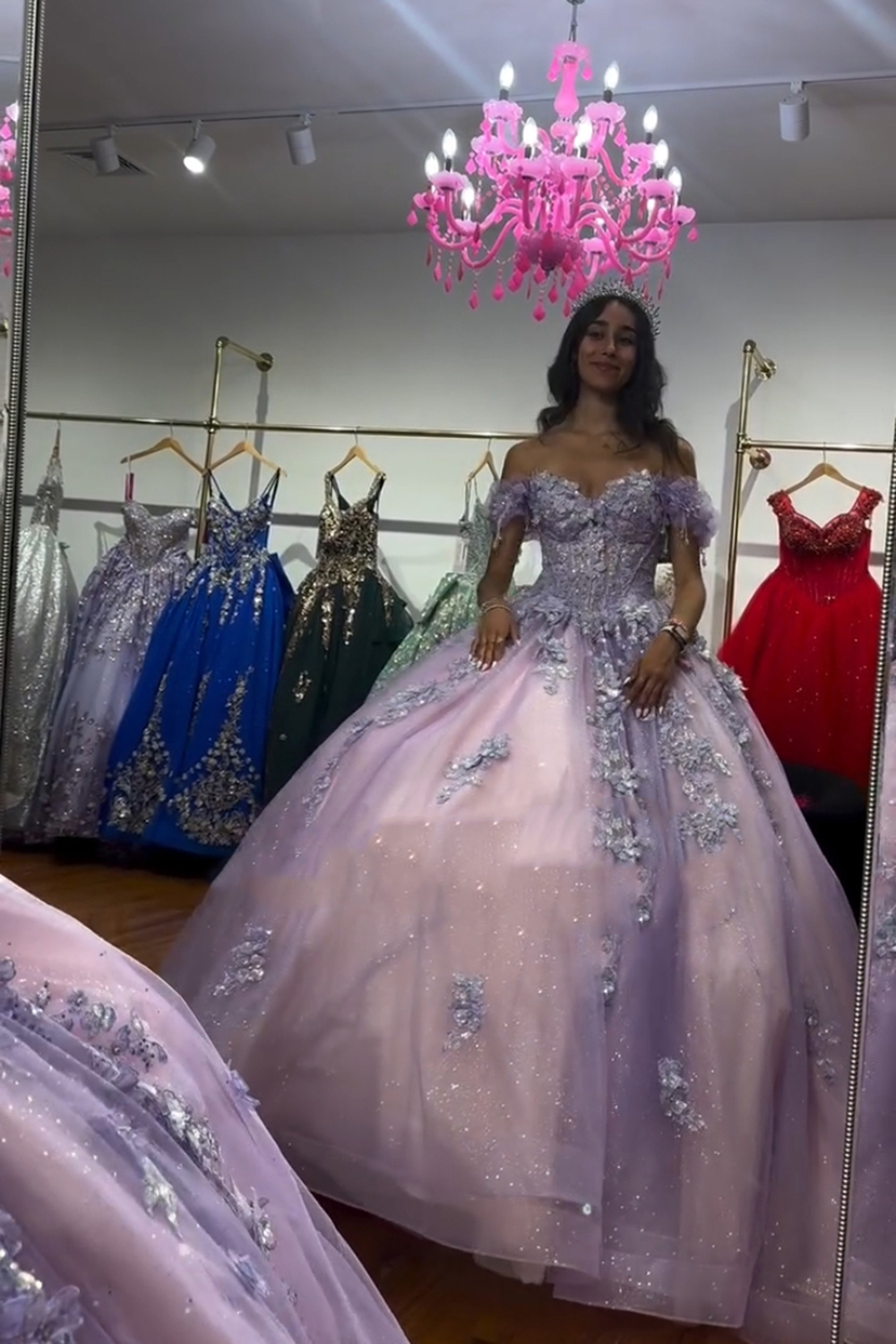 Sparkly Lilac Off the Shoulder Appliqued Princess Quinceanera Dress with Train