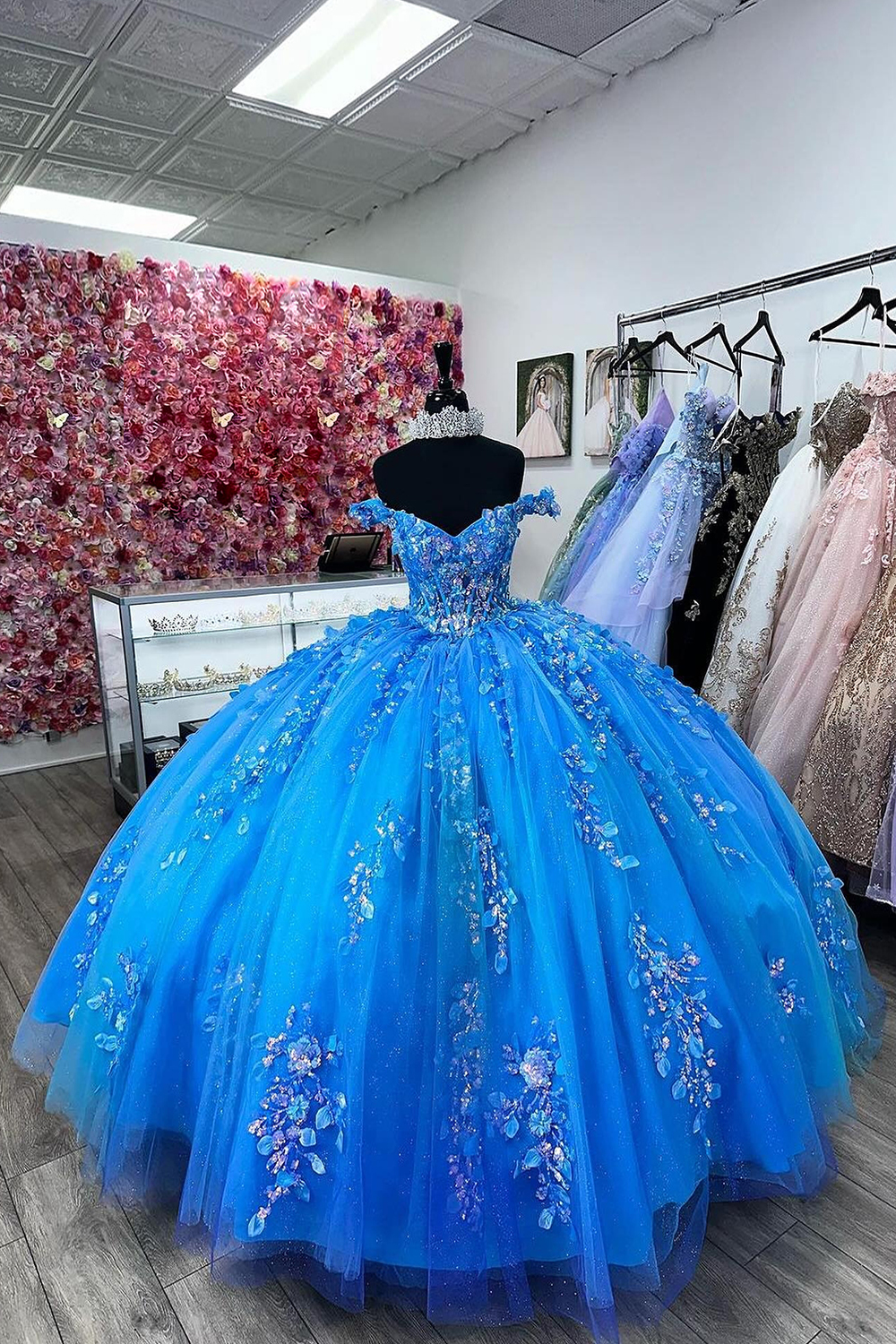 Blue Off the Shoulder Appliques Princess Quinceanera Dress with 3D Flowers