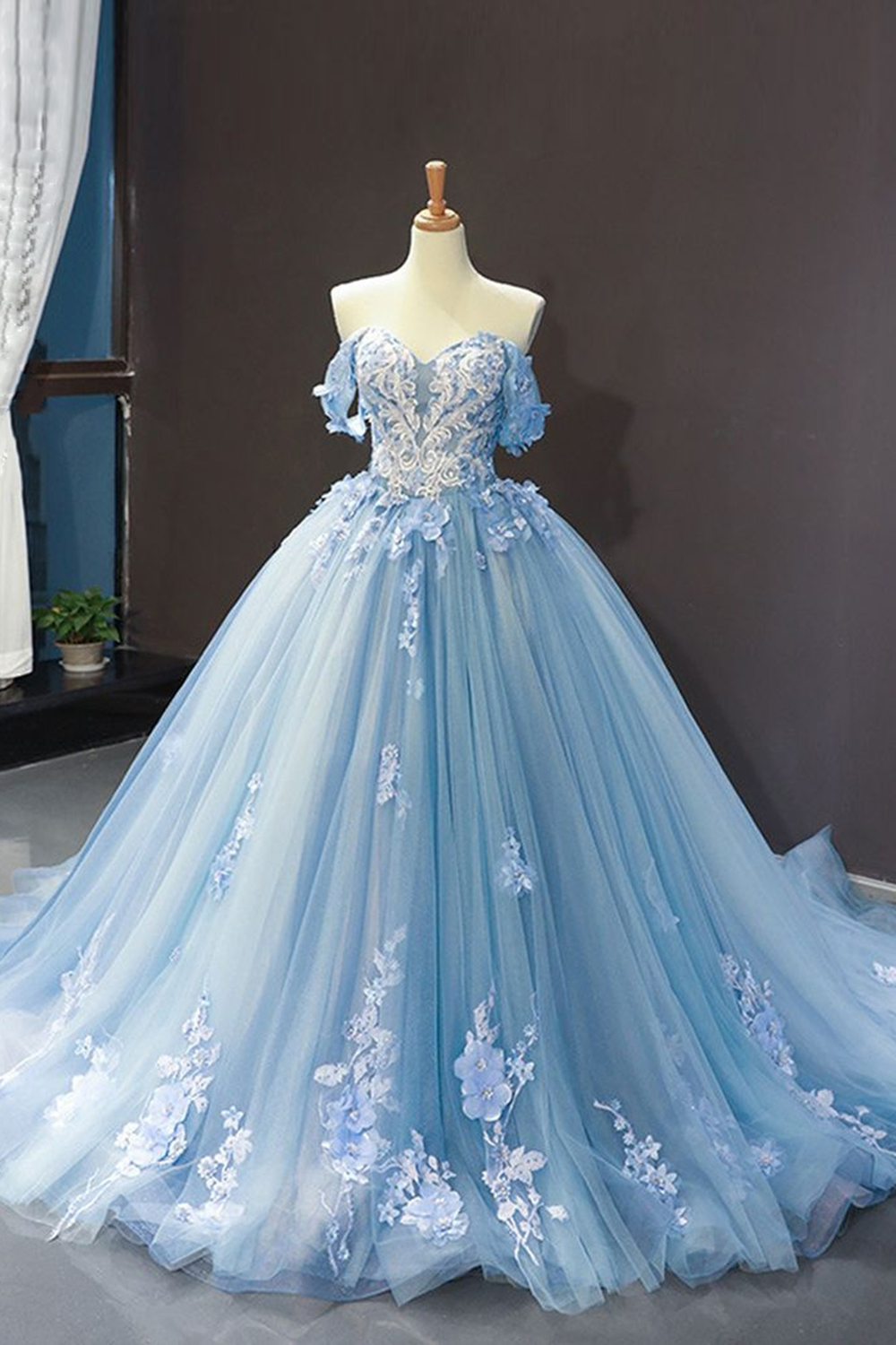 Blue Off the Shoulder  Appliqued Princess Quinceanera Dress with 3D Flowers