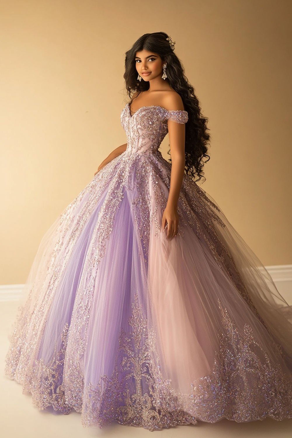 Glitter Lilac Off the Shoulder Ball Gown Beaded Quinceanera Dress