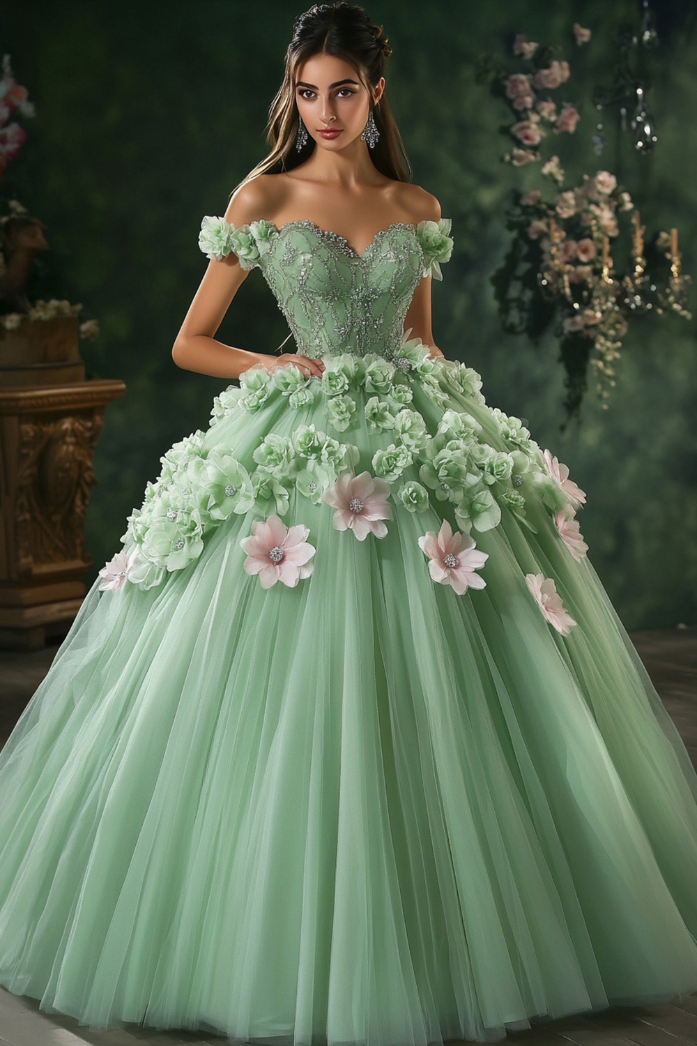 Green Off the Shoulder Tulle Princess Quinceanera Dress with 3D Flowers