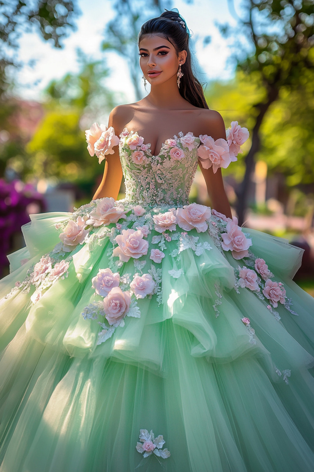 Green Off the Shoulder Ball Gown Tulle Quinceanera Dress with Pink 3D Flowers