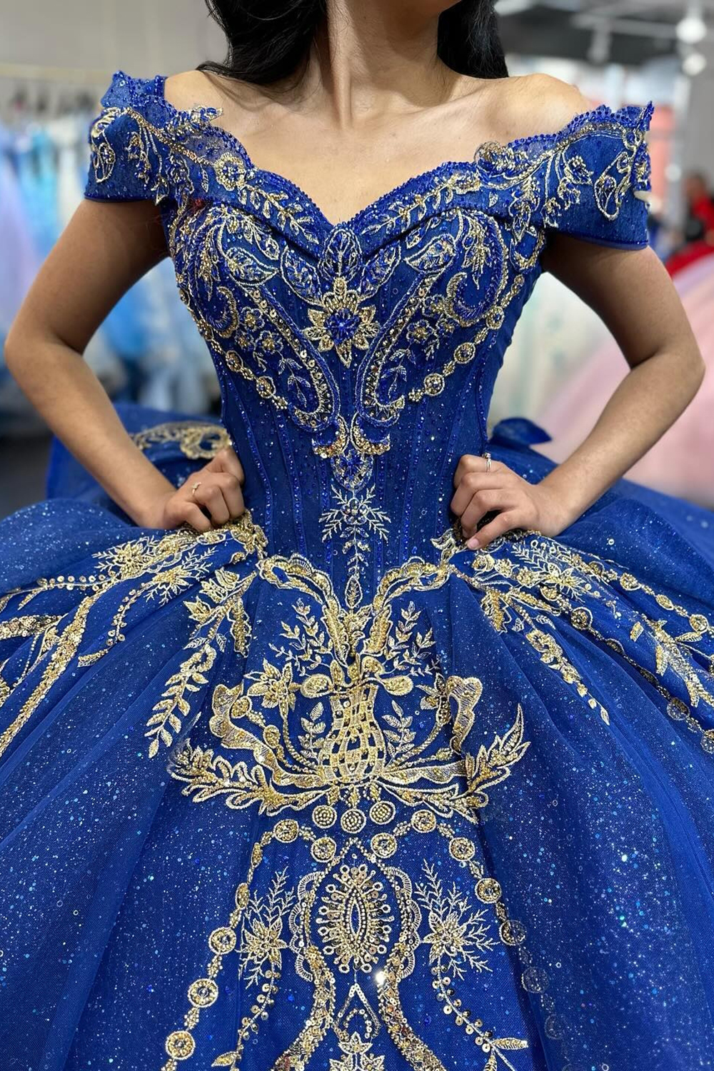 Sparkly Royal Blue Off the Shoulder Sequin Princess Tulle Quinceanera Dress with Train