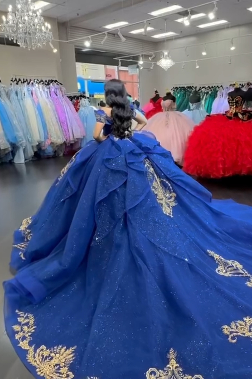 Sparkly Royal Blue Off the Shoulder Sequin Princess Tulle Quinceanera Dress with Train