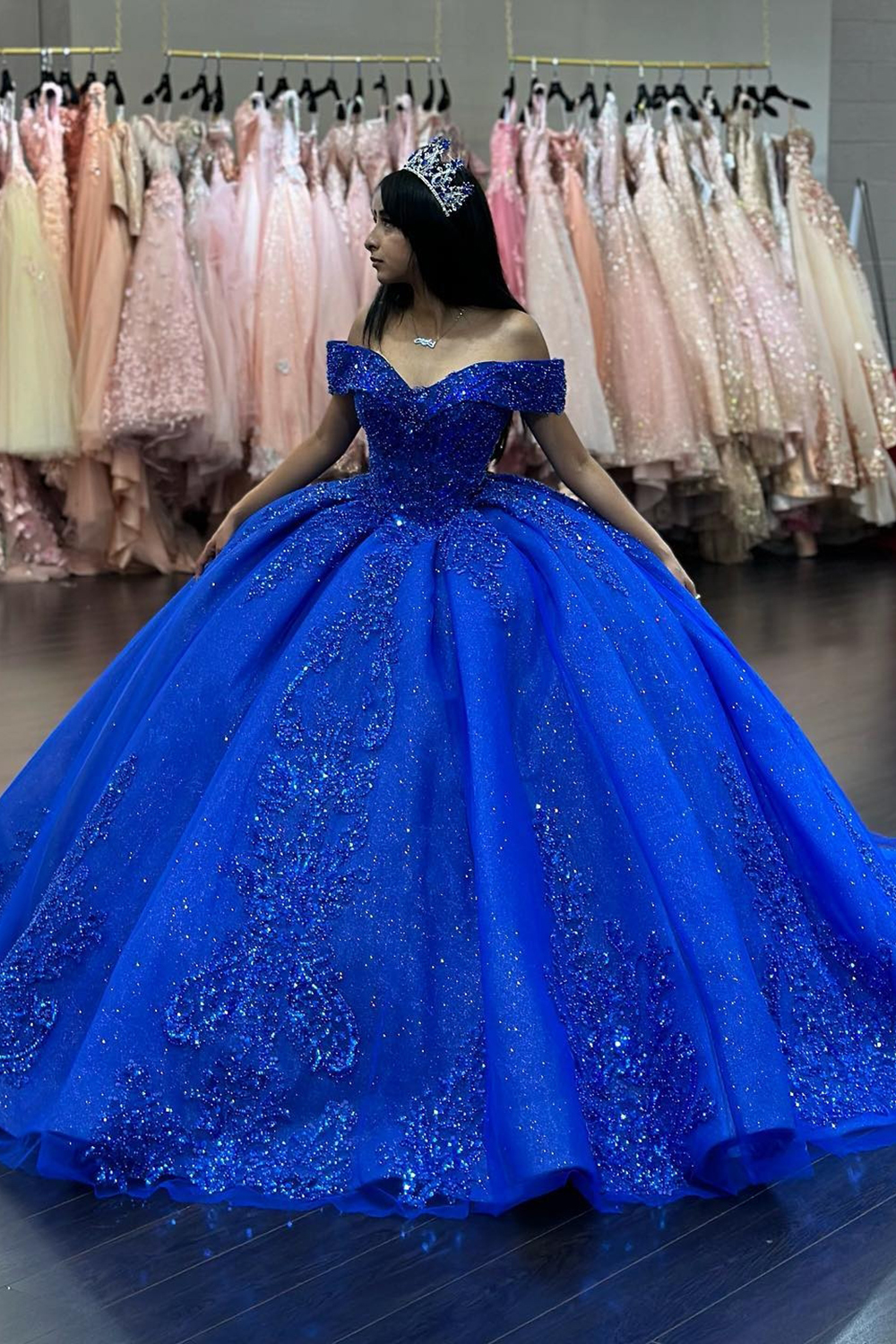 Sparkly Royal Blue Off the Shoulder Ball Gown Tulle Quinceanera Dress