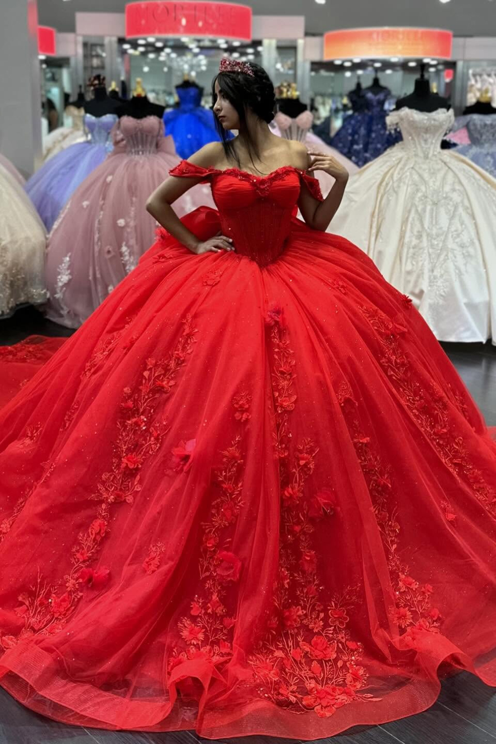 Red Floral Off the Shoulder Bow Princess Tulle Quinceanera Dress with Train